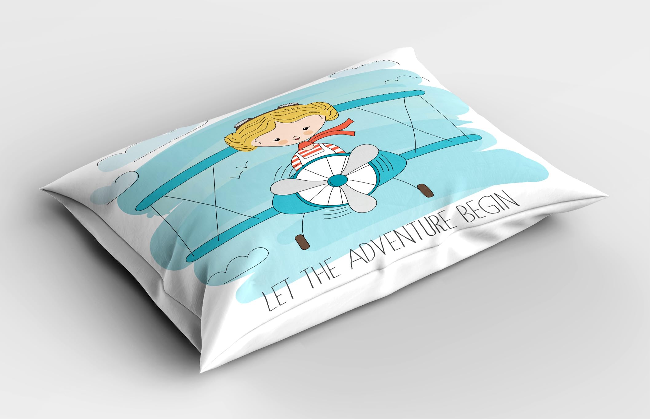 Ambesonne Adventure Pillow Sham Set of 2, Girl Flying a Plane on Sky Cartoon Dream Imagination, Quality Microfiber Bedding Item for All Seasons, 30
