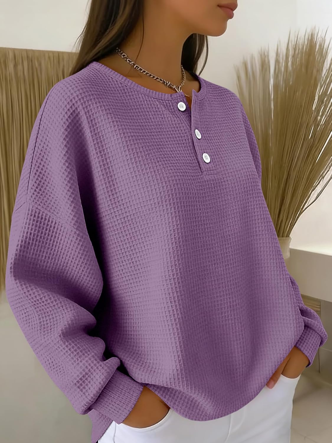 Women's Waffle Knit Sweater V-Neck Long Sleeve Pullover Loose Fit Casual Top with Button Detail - Image 4