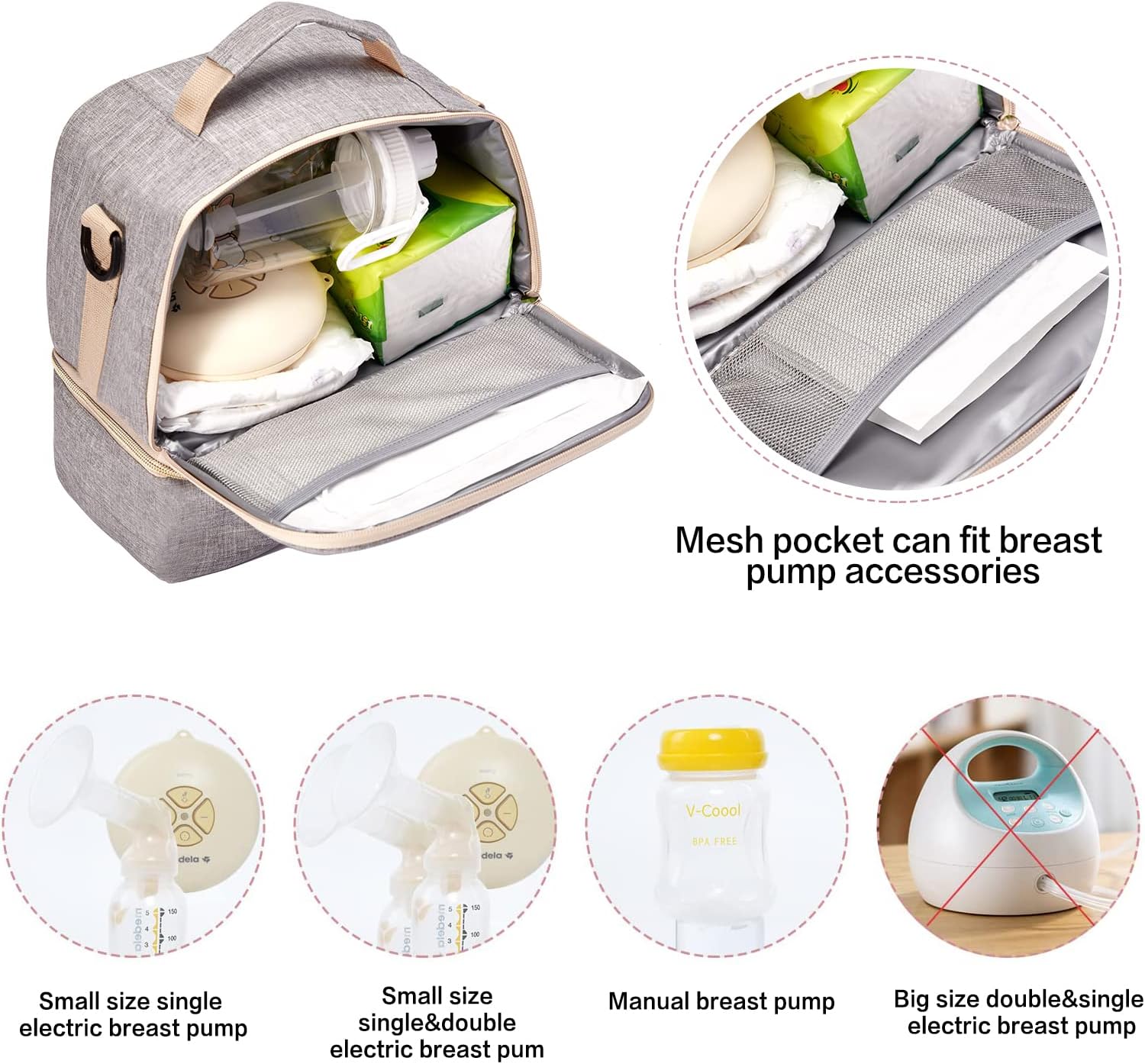 Breast Pump Bag Cooler Compartment Moistureproof Bag Double Layer for Mother Breast Milk Pump Lunch Bag Outdoor Working (Grey)