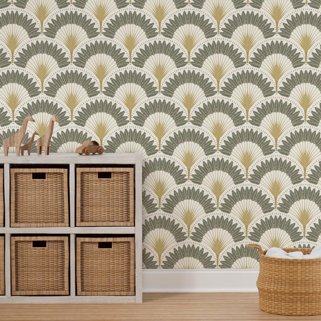 Spoonflower Peel & Stick Wallpaper 3ft x 2ft - Neutral Botanicals Palms Art Deco Fans Trendy Custom Removable Wallpaper