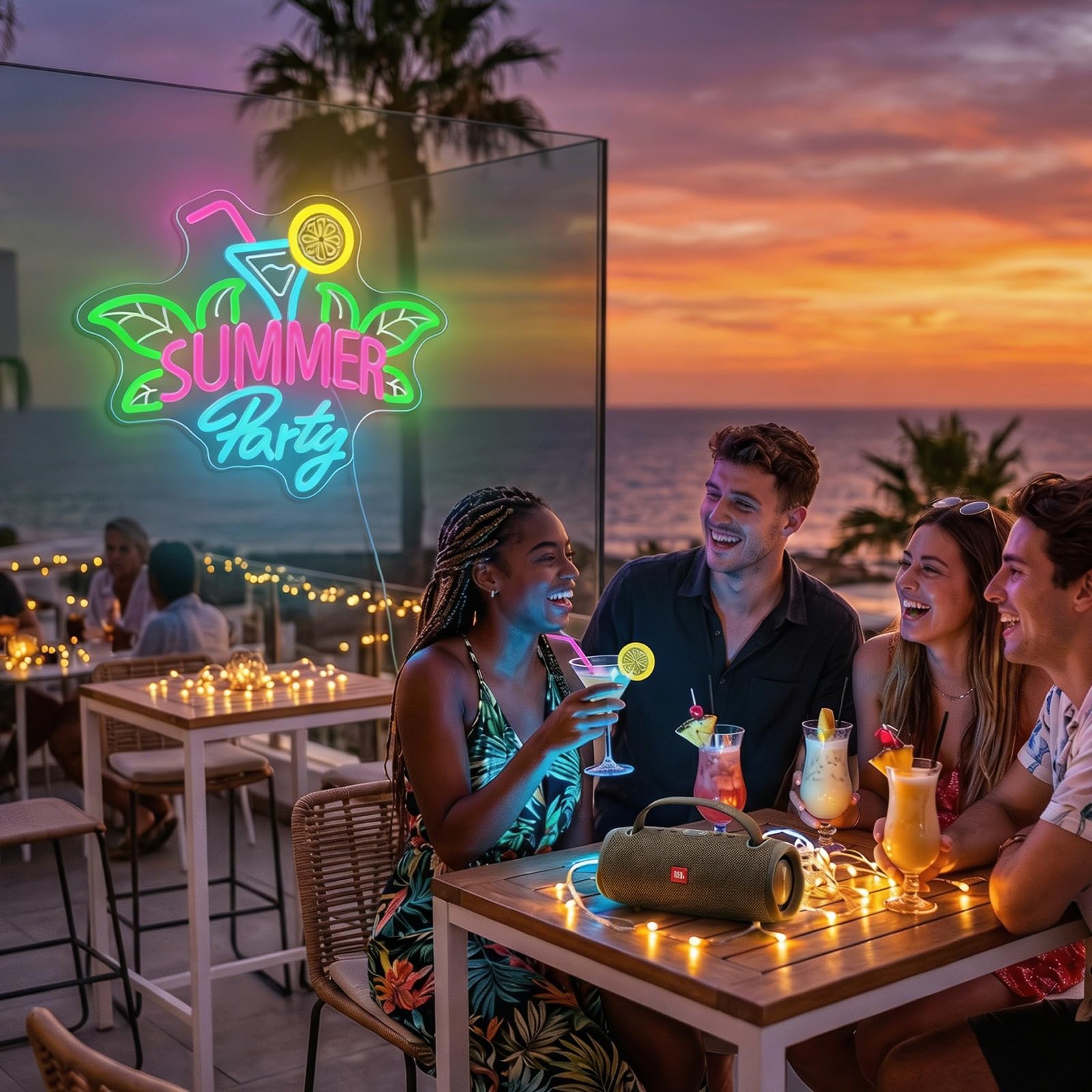 Sommerparty Neon Schild für Wanddeko, Martiniglas mit Strohhalm, Zitronenscheibe und Tropische Blätter LED Leuchtreklame für Cocktailbars,Poolpartys, Sommerfeste, Strandurlaube(Sommerparty)