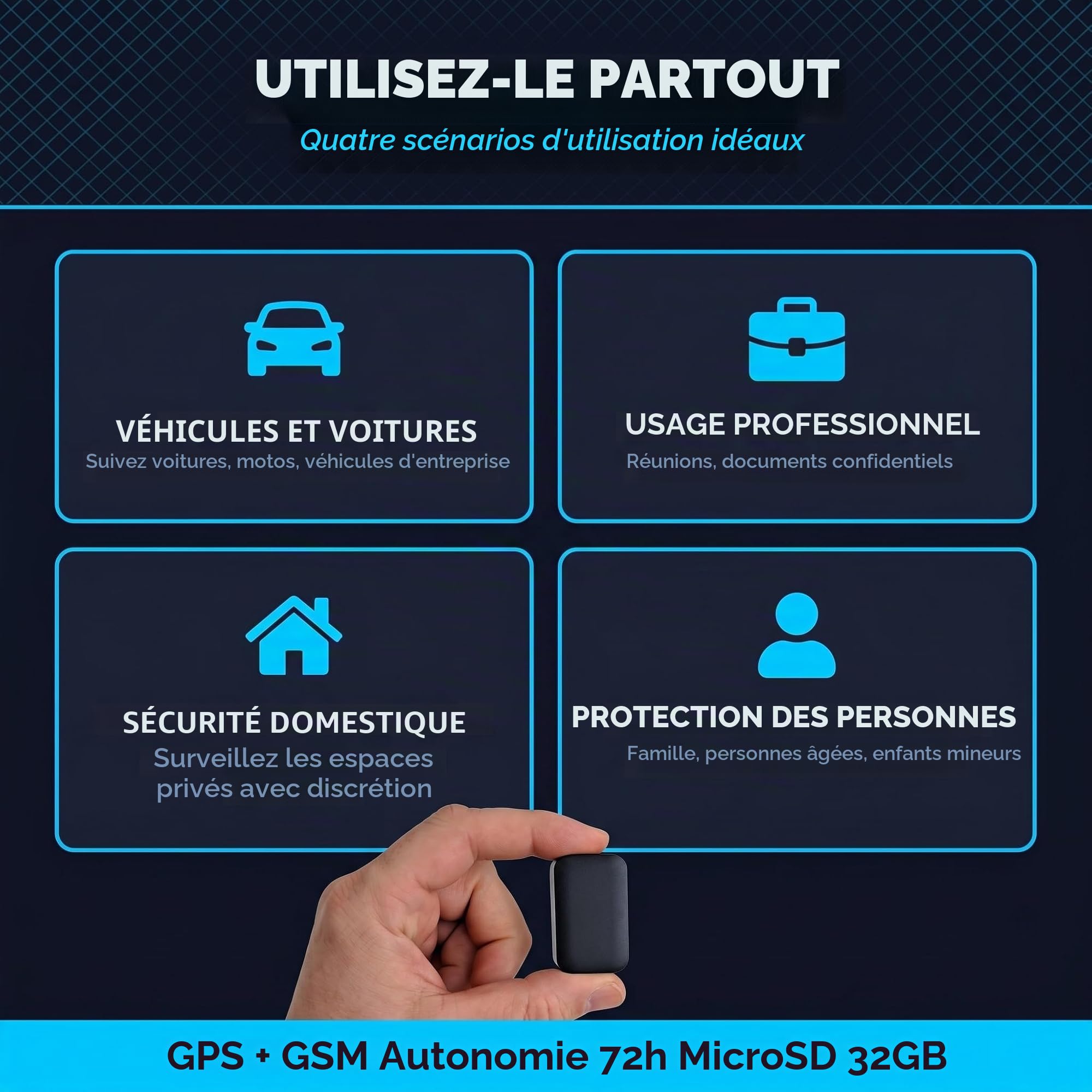Enregistreur audio GSM et localisateur GPS en temps réel – Micro espion d'écoute à distance professionnel – Cimice espion SD 32 Go – Batterie 48 h – Enregistreur vocal à distance – Alarme vocale