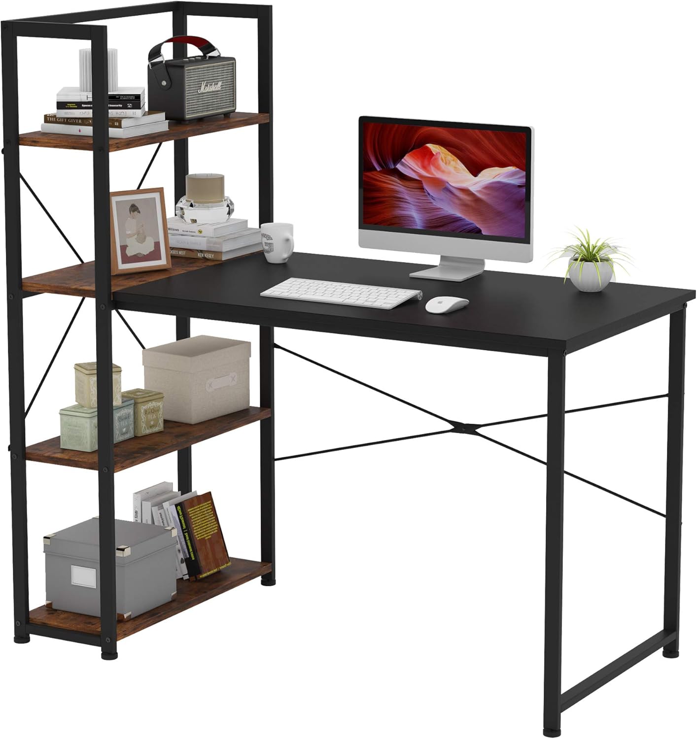 VERMESS Computer Desk with 4 Storage Shelves, Reversible Office Desk with Bookshelf, Writing