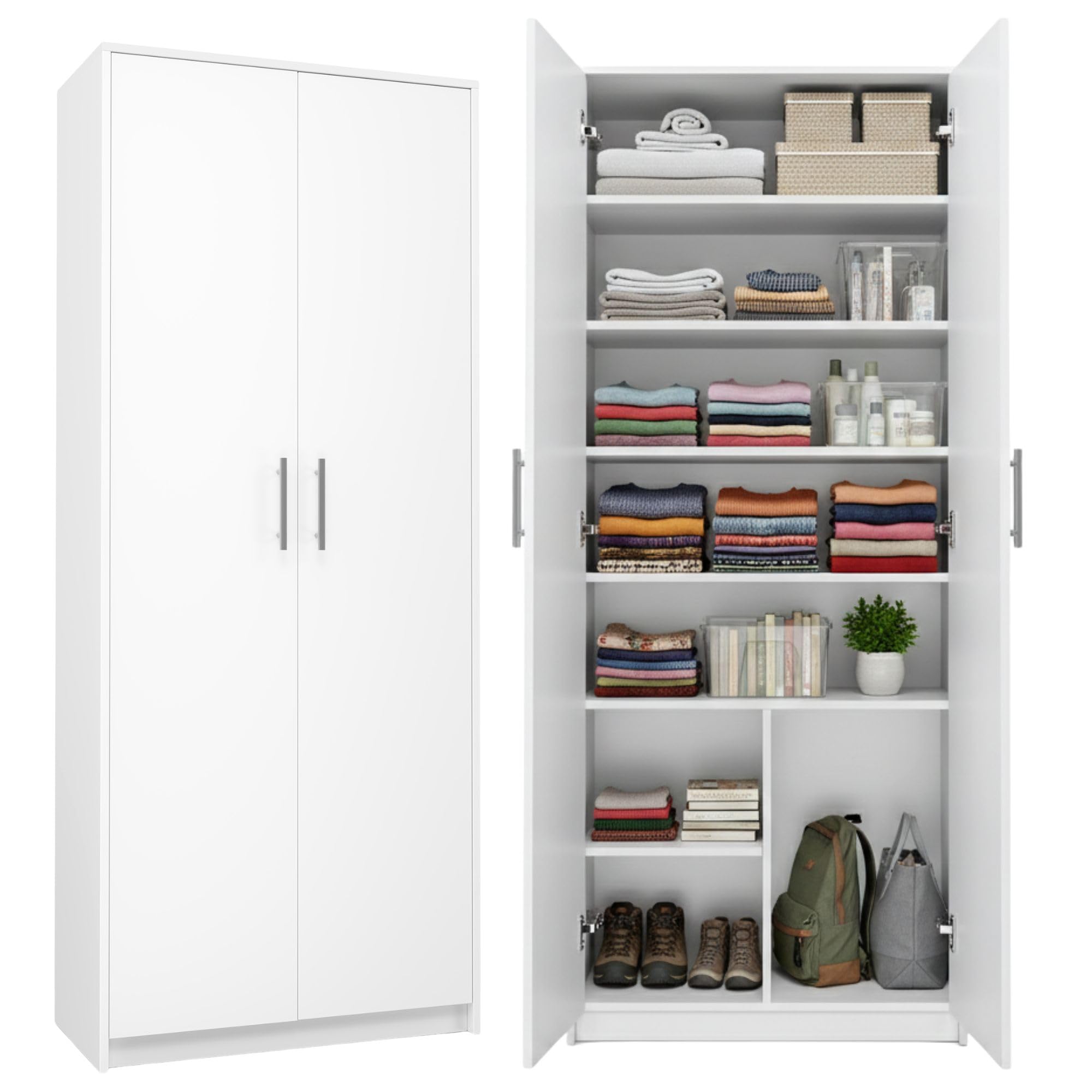 Home Collective Schrank Mehrzweckschrank weiß 74cm Breite 180cm Höhe mit sechs Einlegeböden und Extra-Fach, Aktenschrank Haushaltsschrank Organizer aus MDF Holz Küche, Haushalt & Wohnen