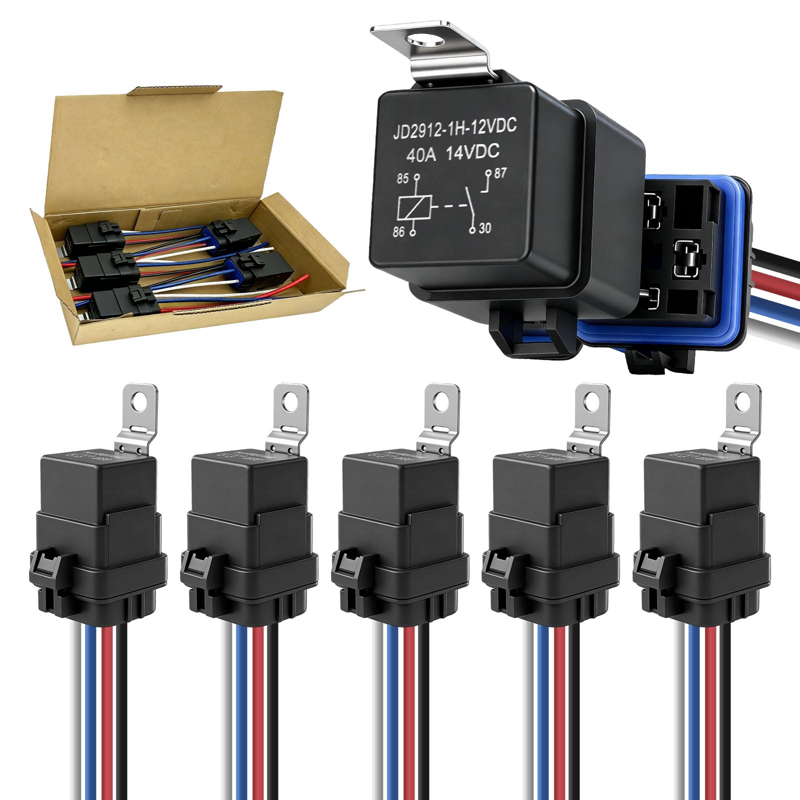 5 Stück 4-polige Relais 12V 40/30A | Kfz-Relais IP65 | Relay Mit Kabelbaum | 12AWG Hochbelastbare Verzinnte Kupferdrähte | SPST-Kfz-Relais-Set für Hupen Anlasser Kühlerlüfter
