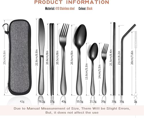 Miniatura 2 de AARainbow - Juego de cubiertos de acero inoxidable de 6 piezas, transportables, reutilizables, utensilios de viaje, incluye palillos, cuchillo,