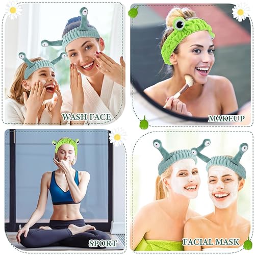 Miniatura 6 de Sibba 2 diademas de lavado facial de rana y caracol, bandas para el cabello de spa, diademas de maquillaje de dibujos animados lindos de forro polar