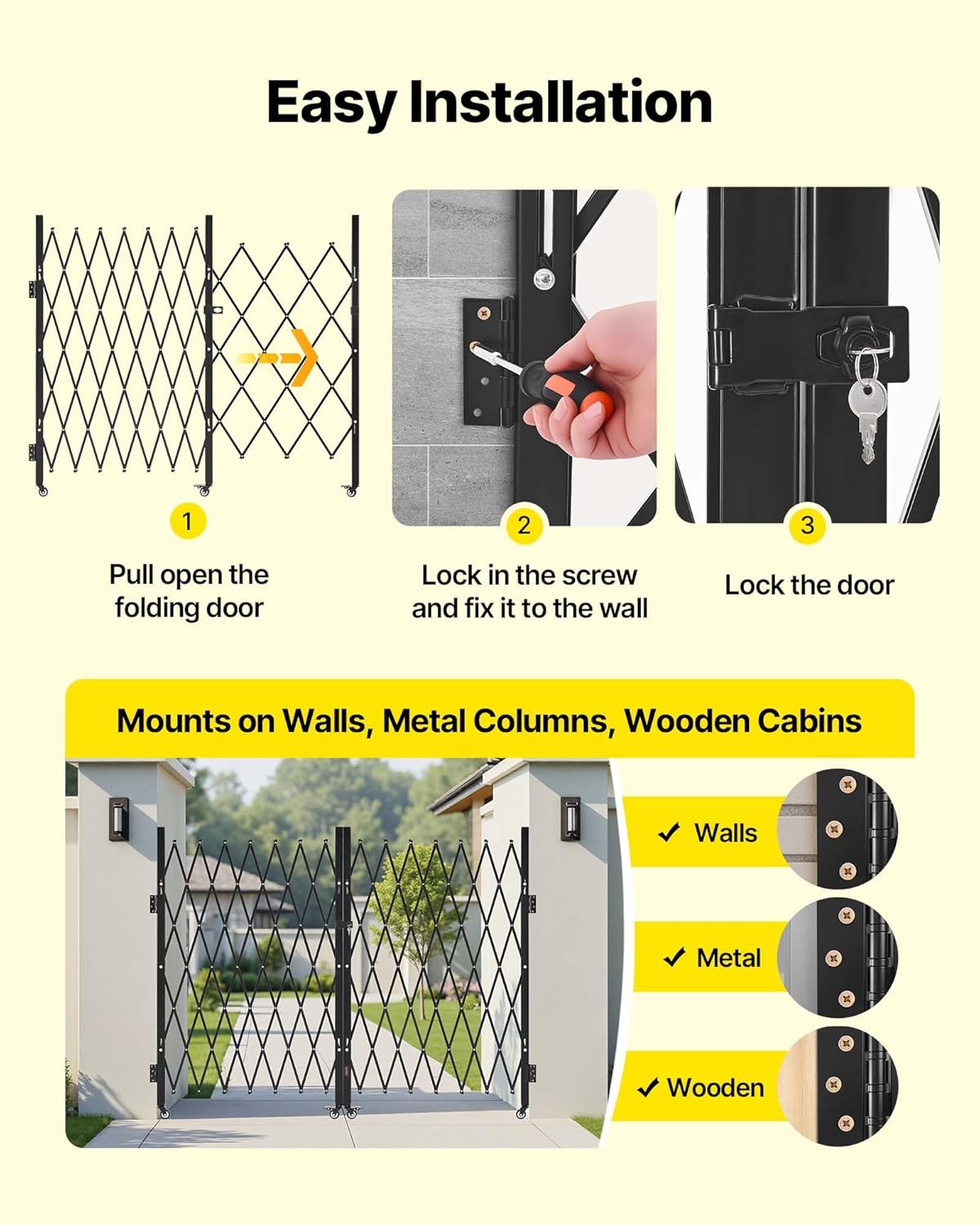 VEVOR Double Folding Security Gate, Lockable Scissor Gate with 360° Swivel Casters, Outdoor Barricade Steel Retractable Gates, for Entry Security, Garage, Warehouse & Pool, 145.67 x 63.19 in (W x H)