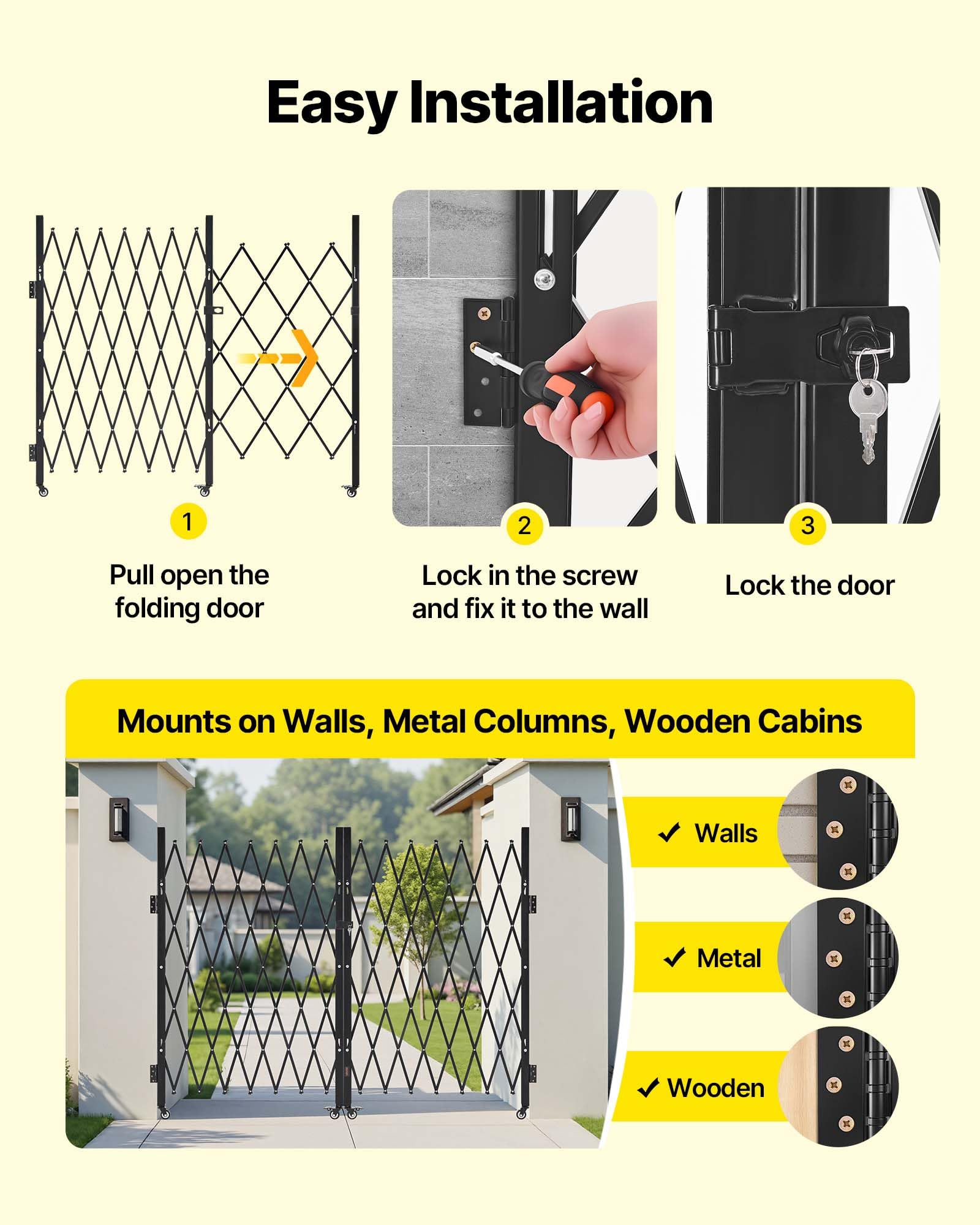 VEVOR Puerta de Seguridad Plegable Doble, Puerta Retráctil de Tijera de Acero 3700 x 1605 mm con Cerradura y Ruedas Giratorias de 360° para Seguridad de Entrada, Garaje, Almacén y Piscina, Negro
