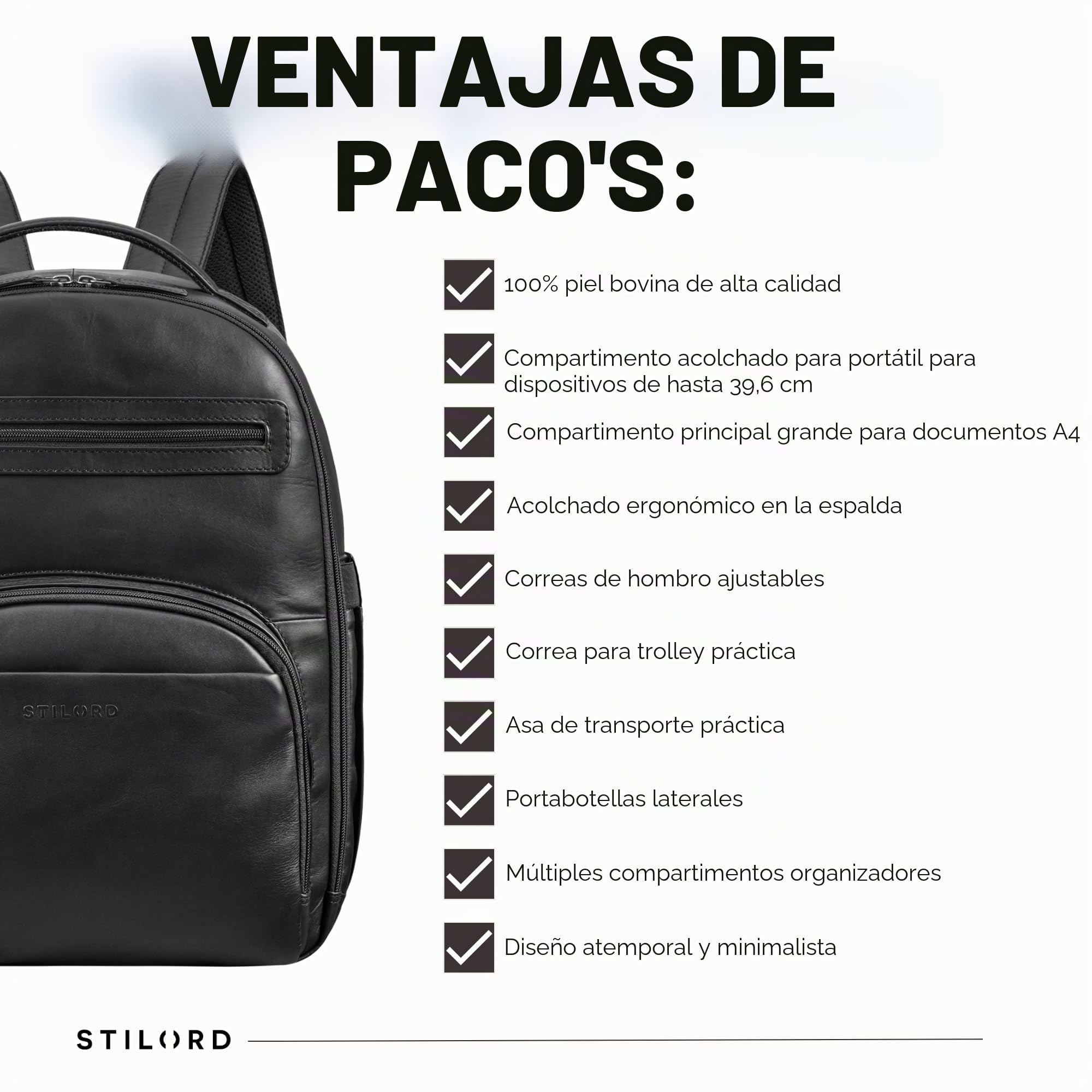 STILORD “Paco” Mochila Hombre Cuero Grande Business | Mochila Trabajo Hombre con Compartimento Portátil 15,6 Pulgadas | Bolso de Viaje Oficina Universidad Color:Negro