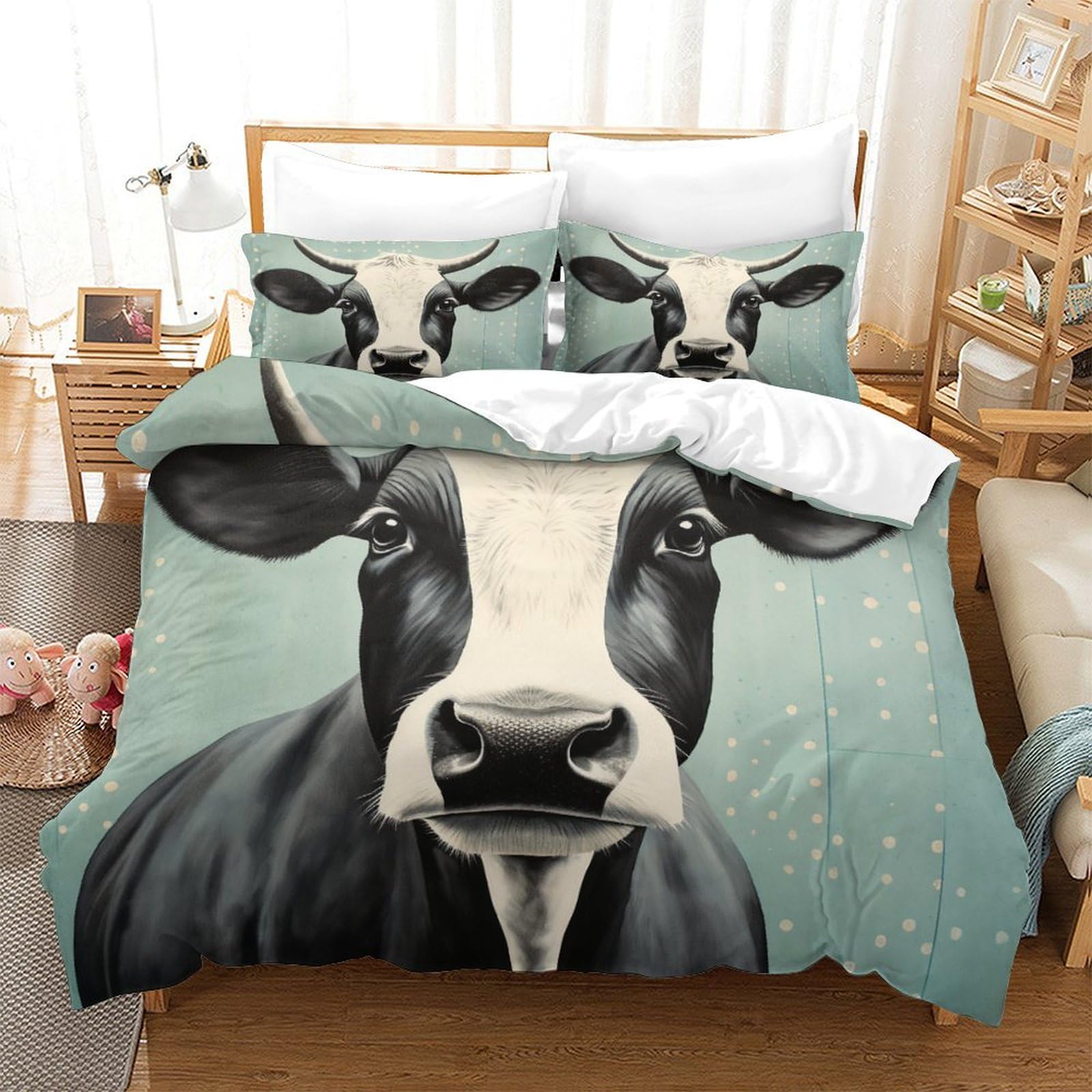 P1S9U7W5Y 3D Printed Cow Illustration Duvet Cover Set 3pcs Microfiber Cow Bedding Set Double