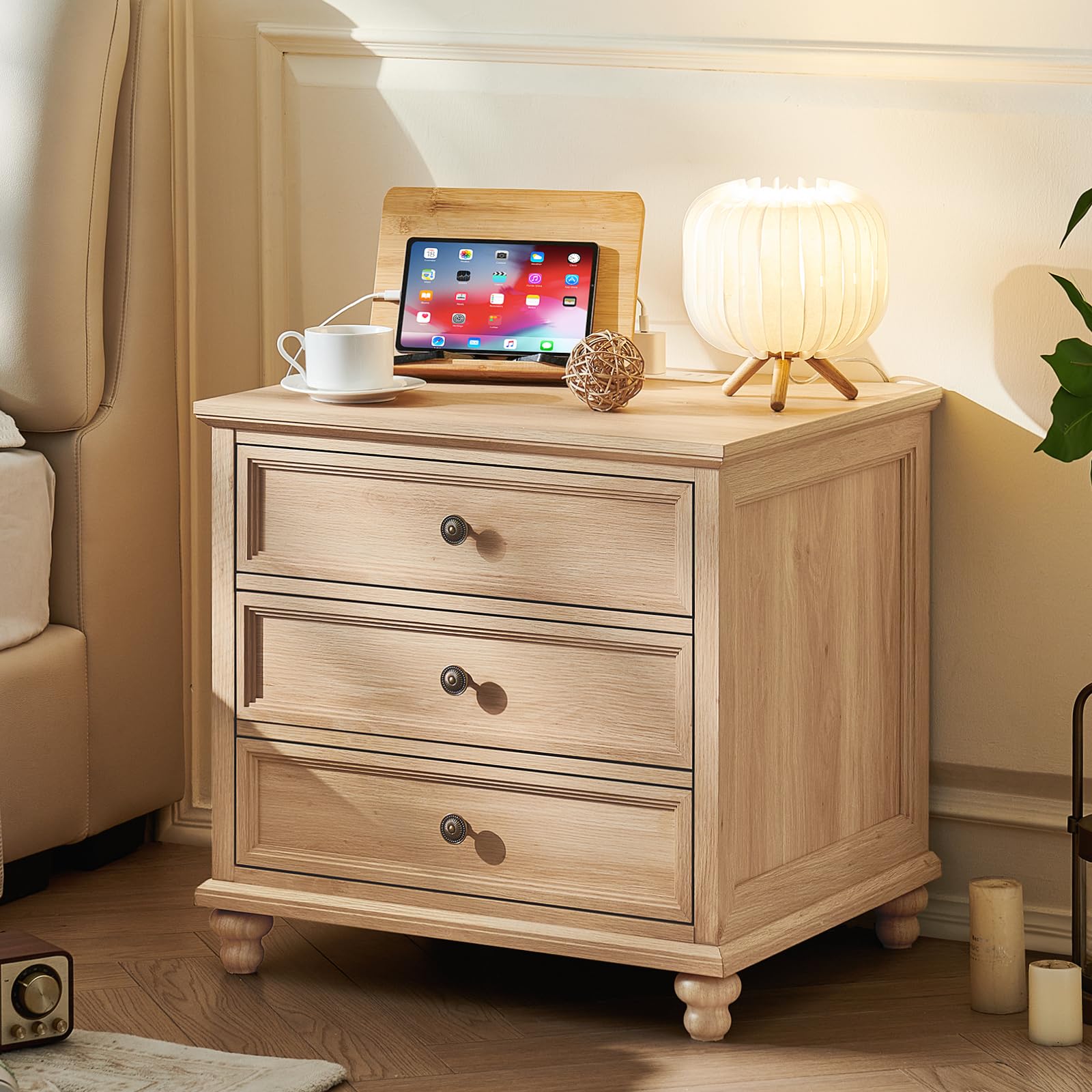 Joaxswe Farmhouse Nightstand with Charging Station, 24" Wide End Table with 3 Drawers,Natural Wood Dresser for Bedroom, Bed Side Table Chest of