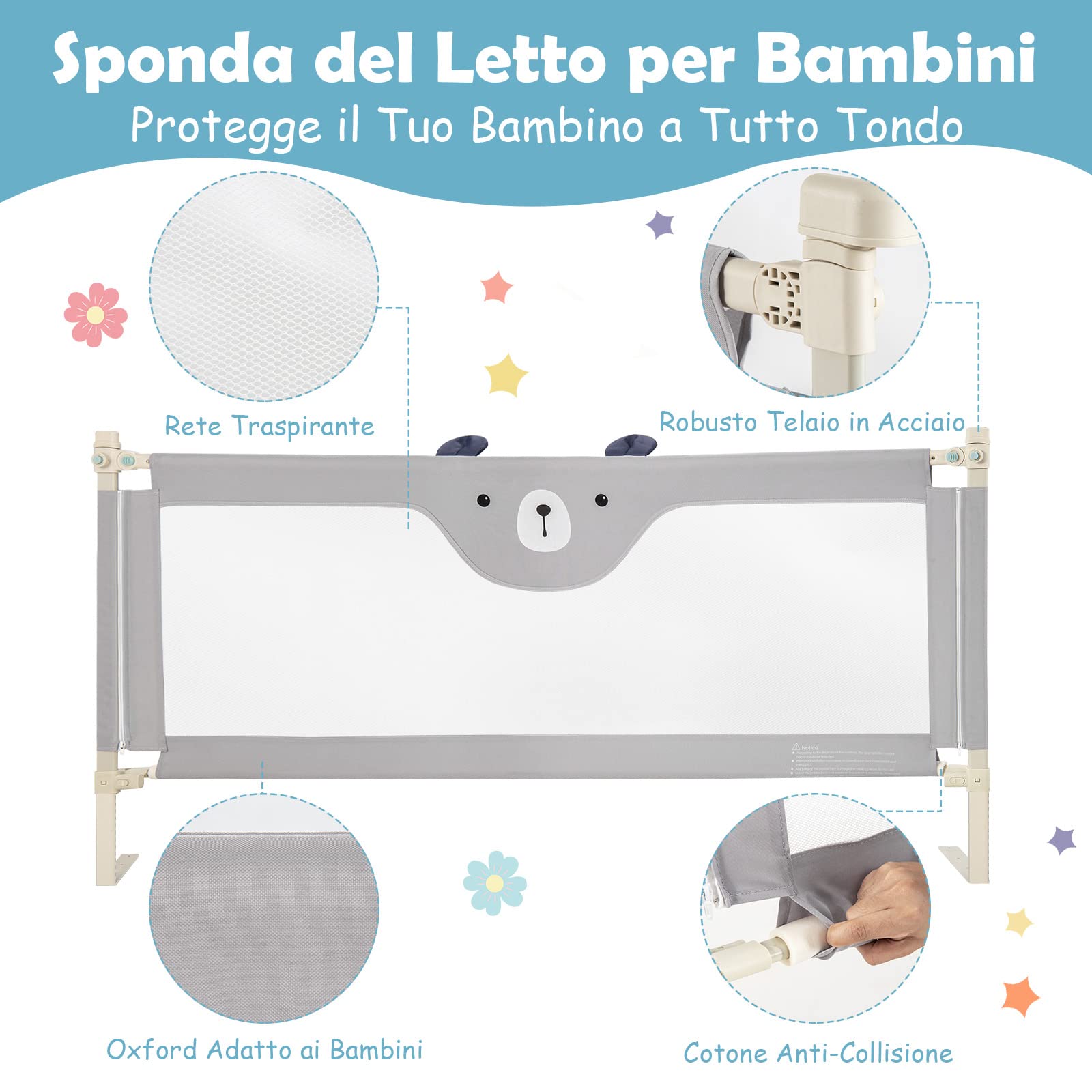 RELAX4LIFE Sponda Letto per Bambini, Barriera Protettiva con Doppio Blocco di Sicurezza per Bambini, Altezza Regolabile a 24 Livelli, Lunghezza 145/174 cm (174cm, Orso)