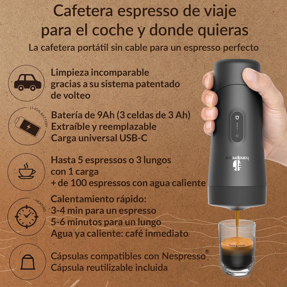 Handpresso Auto Set | cafetera de viaje con batería USB | cápsulas espresso o reutilizables café molido | maletín compacto: cafetera portátil - 2 tazas - basura - cable USB - toalla