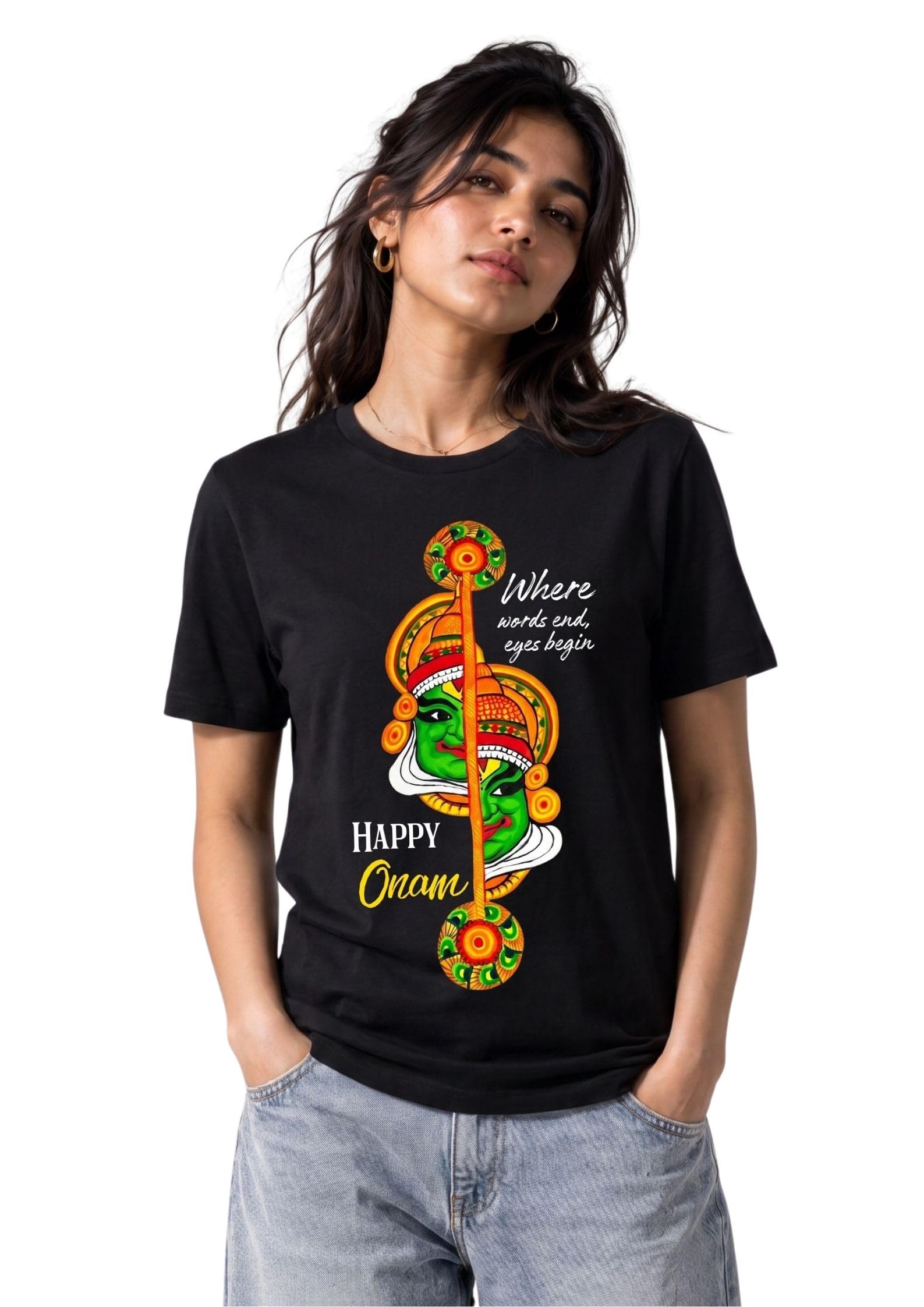 Happy Onam Kathakali Print Black T-Shirt for Festival-image-43