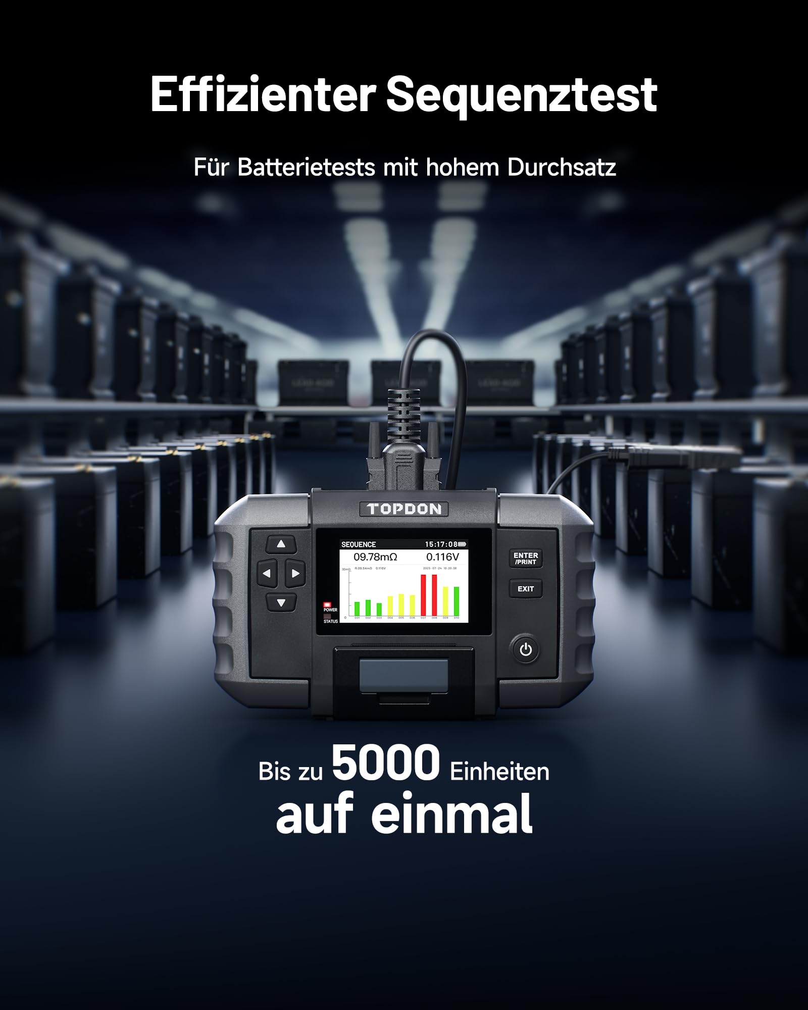 TOPDON Batterietester KFZ BT600 Plus, 6 V/12 V/24 V Batterietests, 100–2000 CCA, 12 V/24 V Starttest/Ladetest/Systemtest, Autobatterie Tester mit eingebauter Batterie und Drucker, 2 gepaarte Klemmen