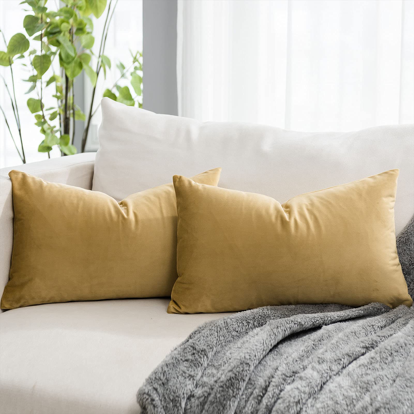 QUAFOO Khaki Decorative Lumbar Velvet Throw Pillow Covers 12x20 inch Set of 2 with Zipper Luxury Soft Solid Rectangle Cushion Covers Case for Sofa