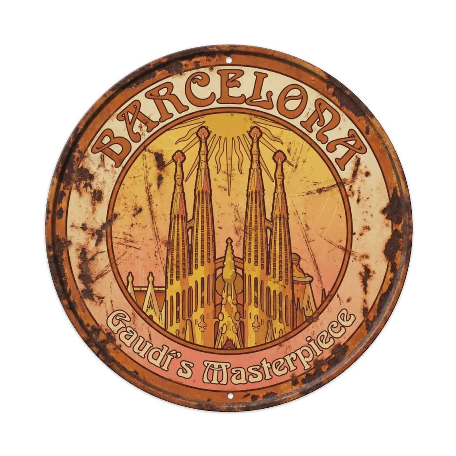 Barcelona City Landmark Heritage Destination Scenic Europe Metal Tin Sign Plaque Wall Decor for Cafe, Man Cave, Club Bar, Office, Home Garden Round Metal Poster 8x8Inch