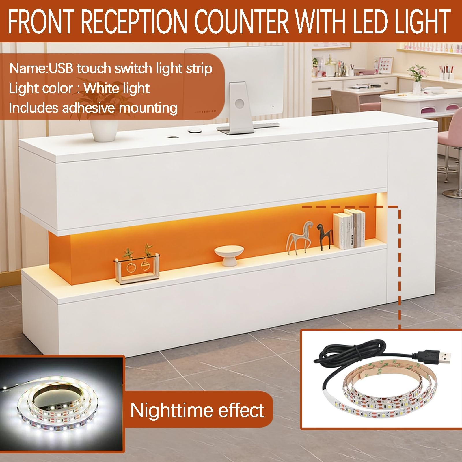 Scrivania per reception con illuminazione a LED, gestione dei cavi nascosta e cassetto chiudibile a chiave, elegante mobile da ufficio per casa e ufficio