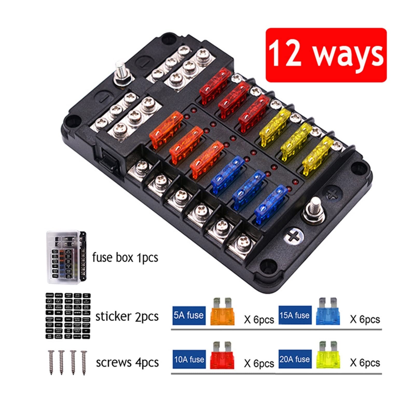 Skrzynka bezpieczników z plastikową osłoną 12V i 32V, uchwyt kołowy M5 wskaźnik LED, 6 drożny, ostrze 12 do samochodu, łodzi, trójkołowy morski (12 Way with LED)