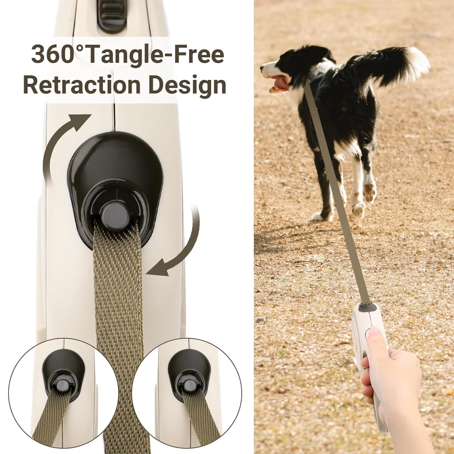 PETBABAS Adjustable Retractable Dog Leash |Heavy Duty Leash for Pets with 360° Tangle Free Design |Strong Nylon Tape, Anti-Slip Handle, Built in Spring, One-Click Brake Pause (5 Meter, White) 2