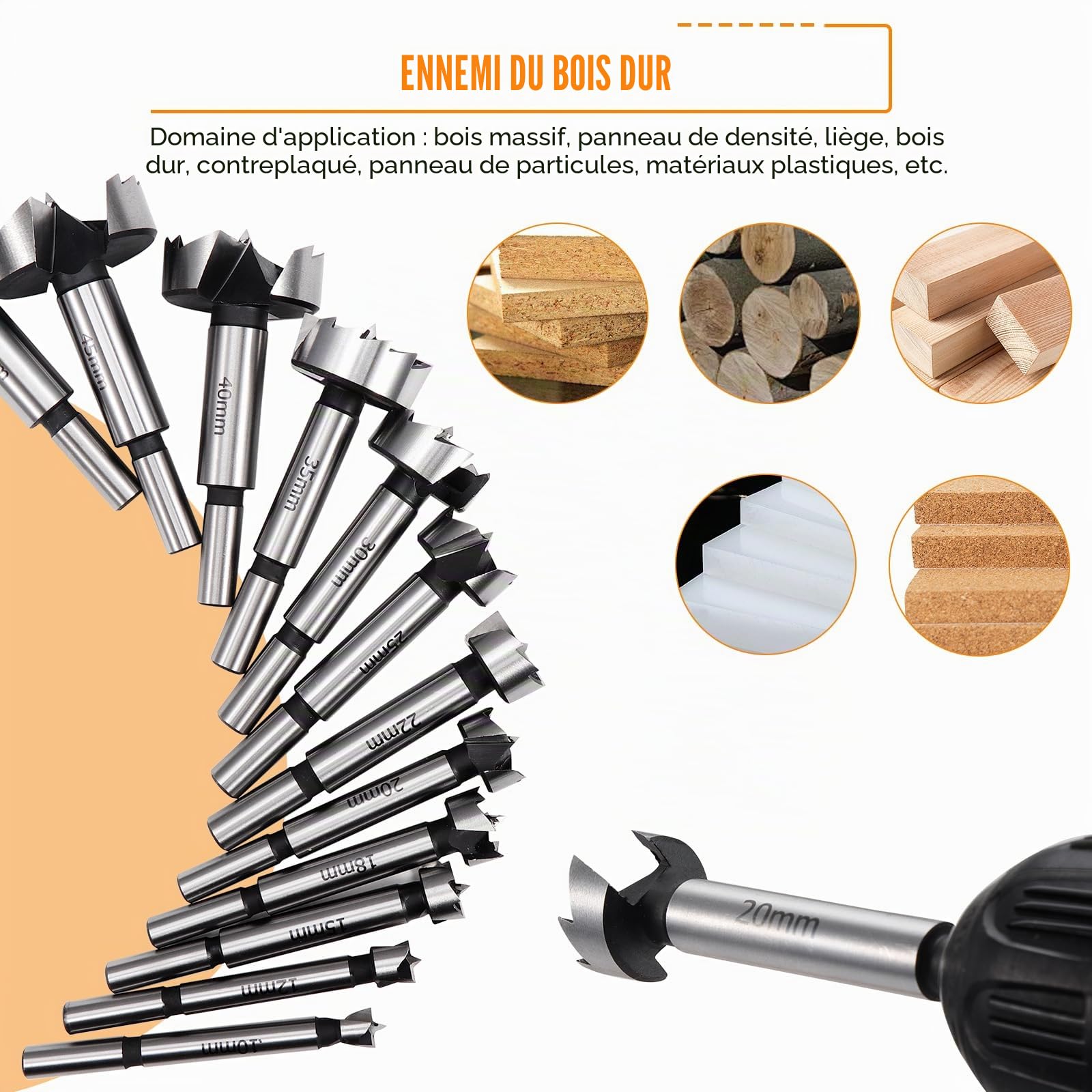 Gueenky 12 Pièces Meche a Faconner Bois, 10-50mm Foret Forstner Mèches à Bois Forstner à Tige Ronde Foret 10/12/15/18/20/22/25/30/35/40/45/50mm