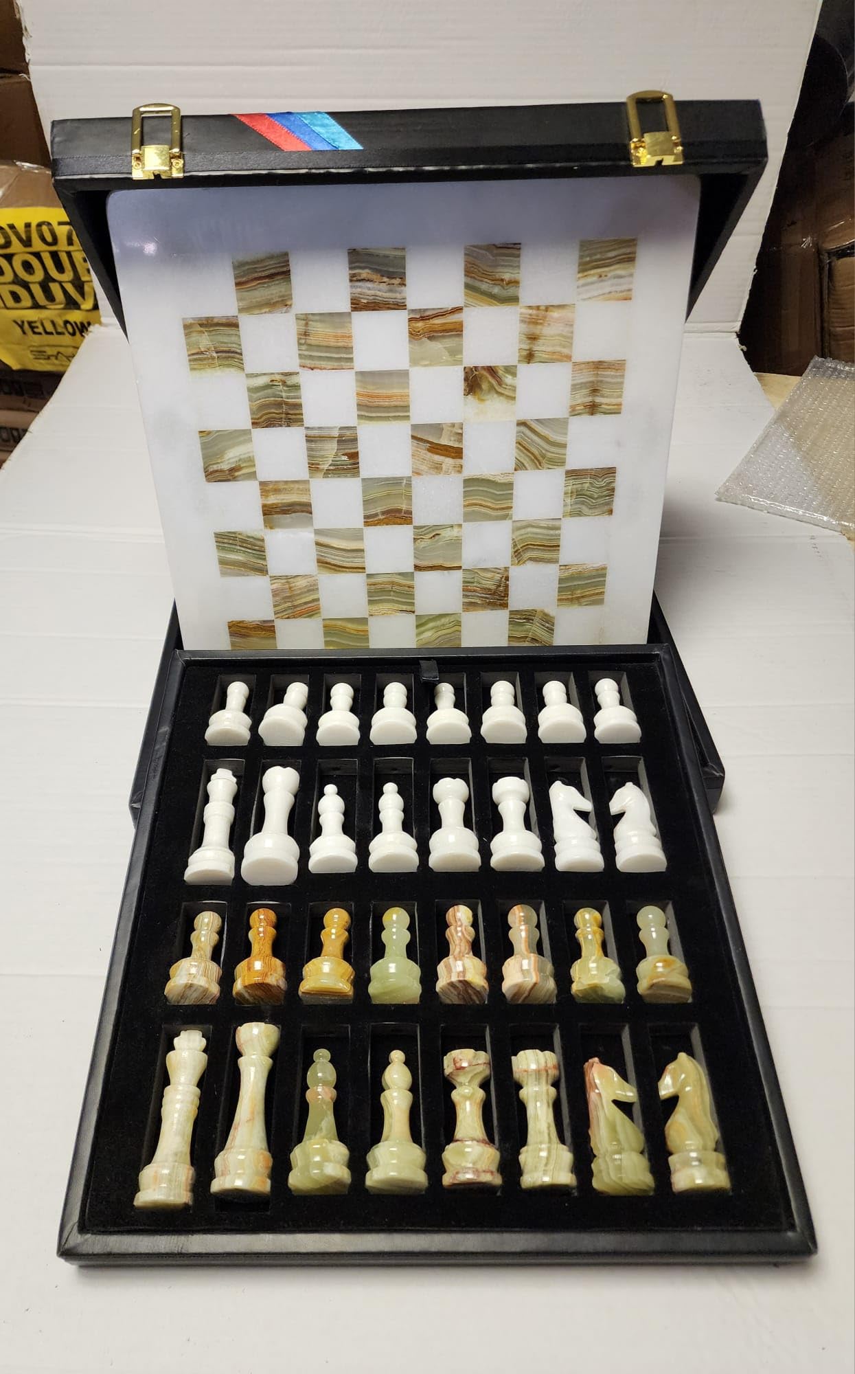12” Stylish Marble Chess Set 2 Player Board Game for Adults Handcrafted stone Board & Marble with Faux Leather/Velvet briefcase gift box Chess ideal for Home Decor (Faux Leather, White-Brown) — image 1