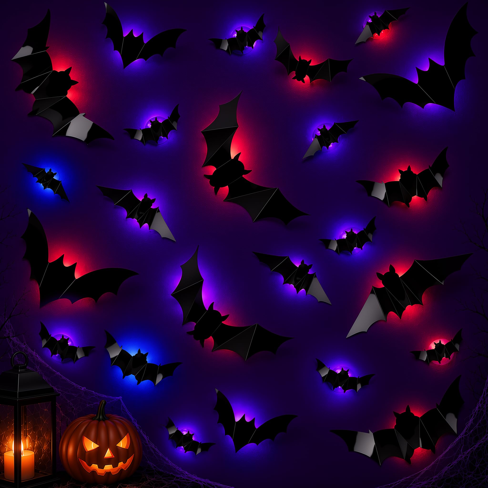 24er-Set LED-Fledermäuse Halloween-Deko (PVC), rot/blau/violett
