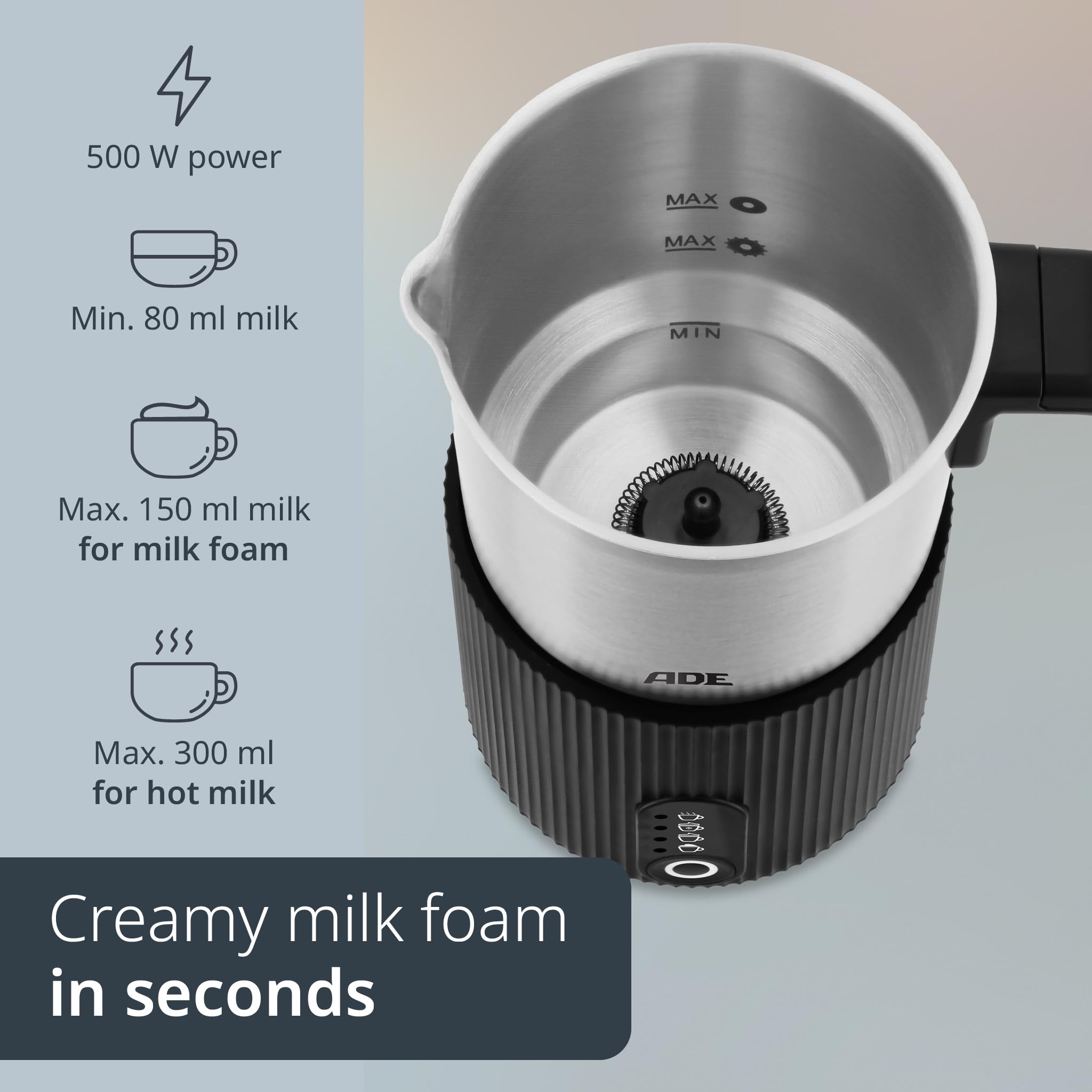 ADE Elektryczny Spieniacz do Mleka 4w1 | do ciepłej i zimnej pianki mlecznej + podgrzewacz mleka | do cappuccino, latte macchiato, mrożonej kawy, kakao | 300 ml | 500 W