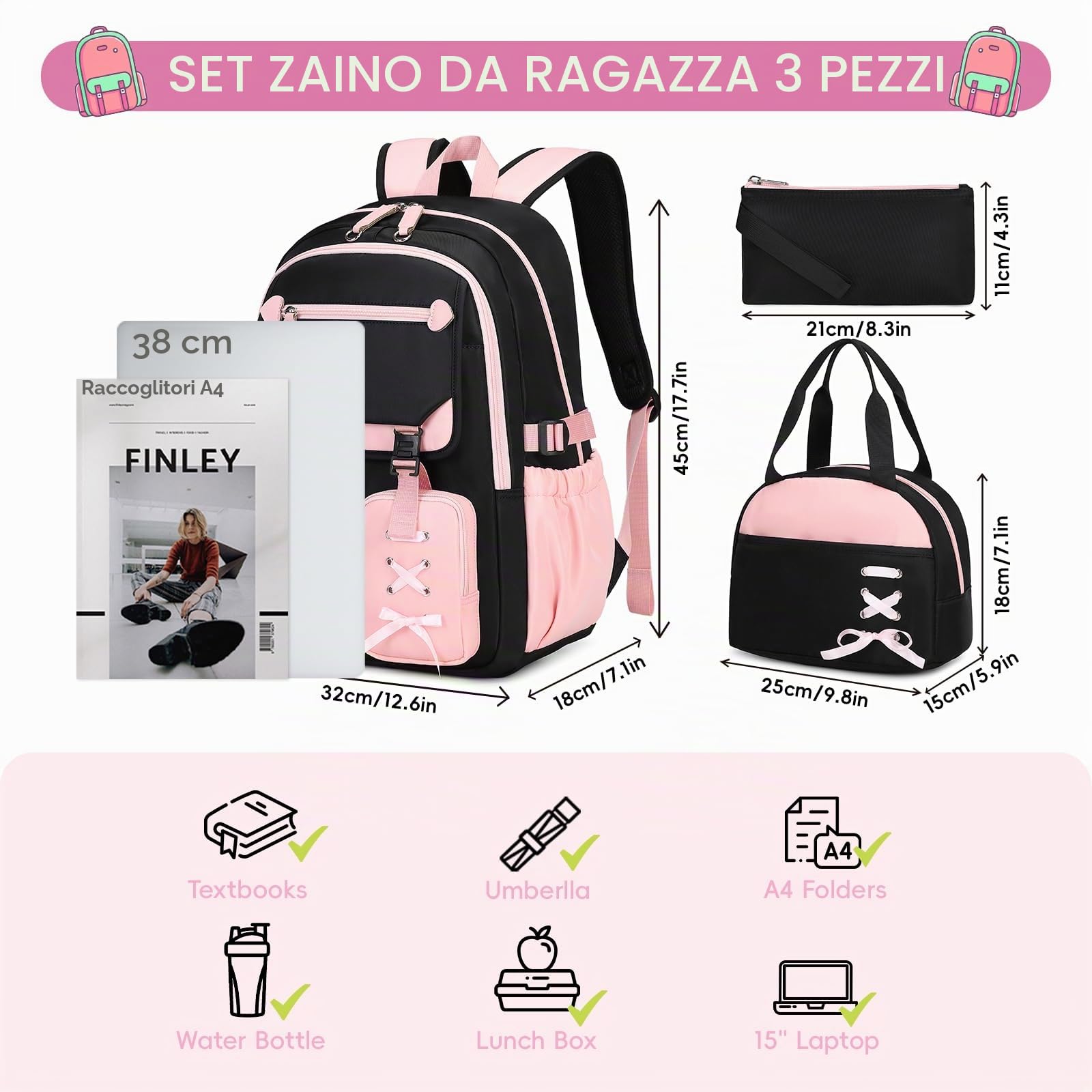 Tanou Zaino per Ragazze 3 Pezzi per la Scuola Elementare e Media
