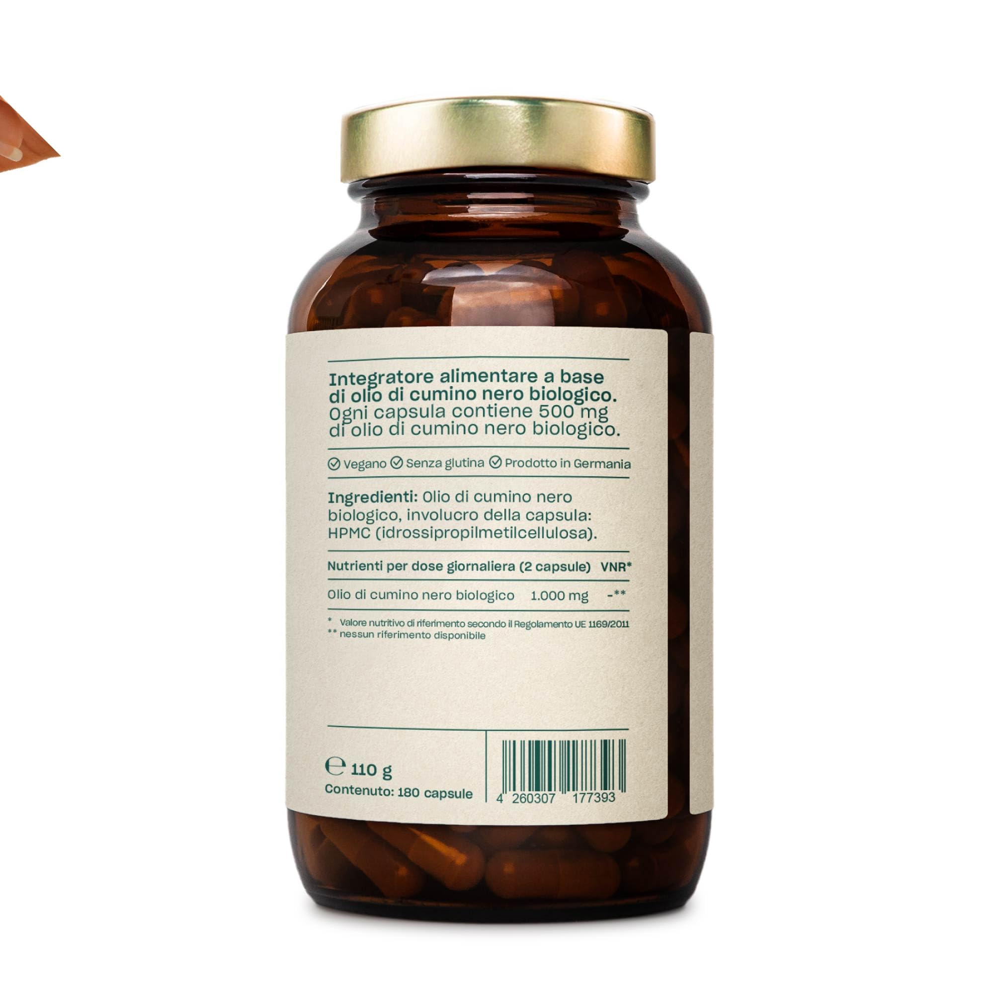Olio di semi di cumino nero biologico - 180 capsule ad alto dosaggio / 500 mg di olio di semi di cumino nero biologico e 250 mg di acido linoleico per capsula/Vegano, certificato e sostenibile
