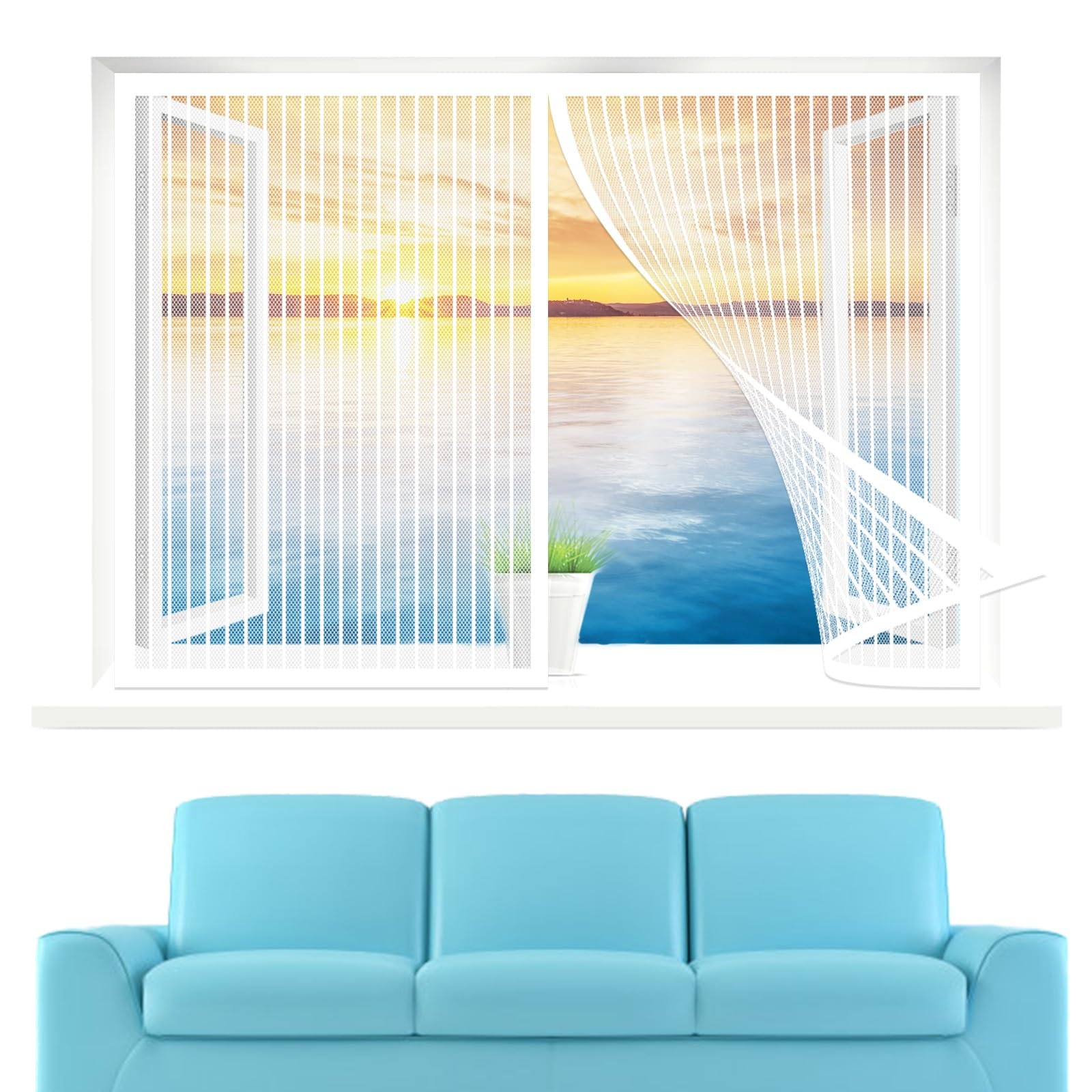 Amzero White Magnetic Fly Screens For Window 130 X 145 Cm(51 X 57Inch), Heavy Duty Pets Proof Screen Door, Lets Fresh Air In For All Kinds Of Window,