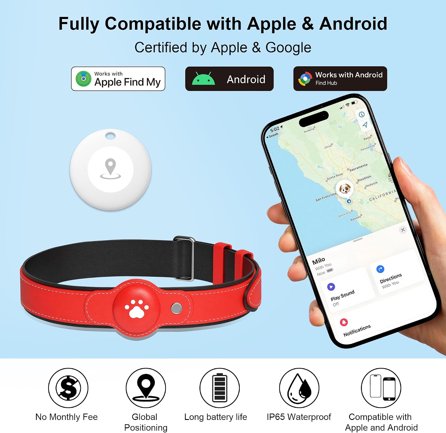 GPS Tracker for Dogs, Dog GPS Tracker, Pet Location Tracker with Collar, Real-Time Tracking, No Monthly Fee or Subscription, Waterproof, 365-Day Long Battery Life, Dog Tracking Device, iOS & Android