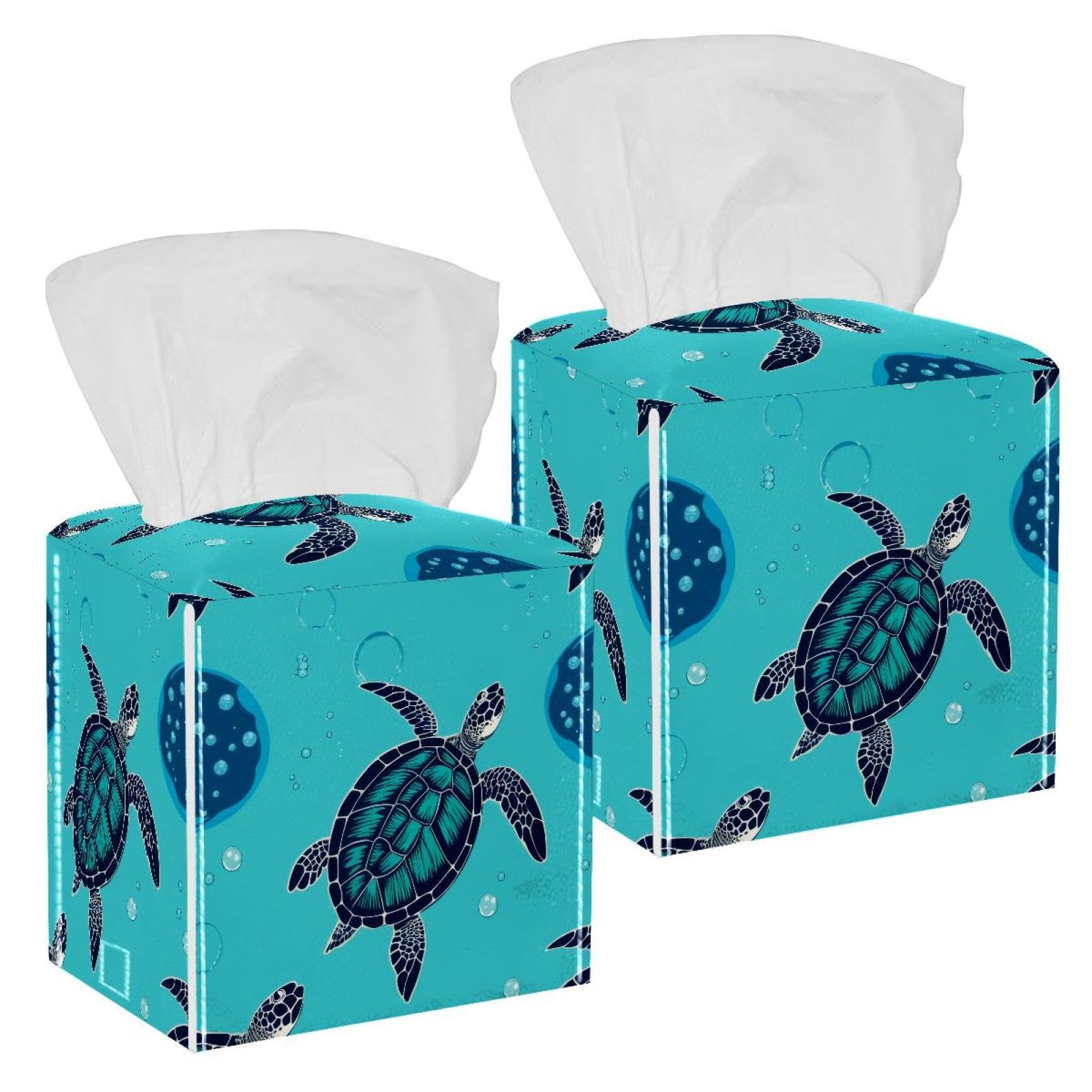 Sea Turtle Tissue Box Cover, 2 Pack PU Leather Square Facial Tissue Dispenser Box holder for Home Office Car