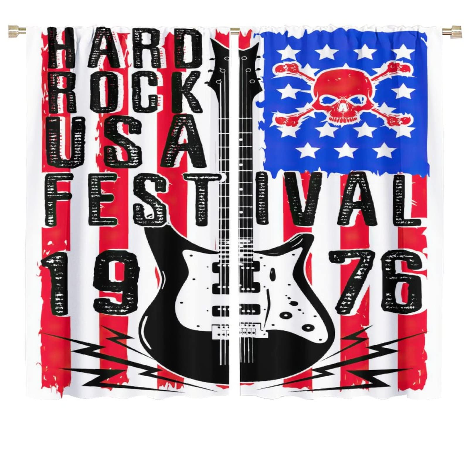 Music Curtain,American Flag Guitar Skull Skeleton Rock Musical Instrument Style Window Treatments Curtains for Bedroom Living Room Decor W72xL63in