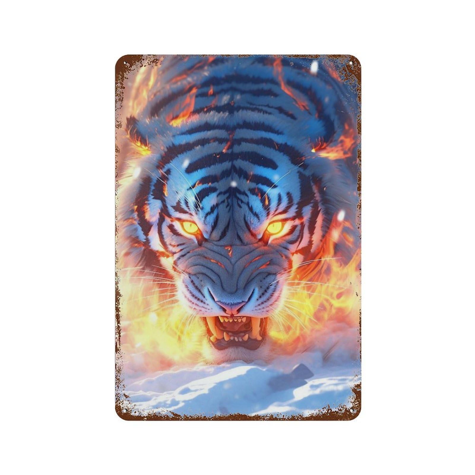 Flaming Tiger Snow Background Decorative Tin Sign 11.8"x7.9", for Bistro, Counter And Cafe Decor, Novelty Wall Decor
