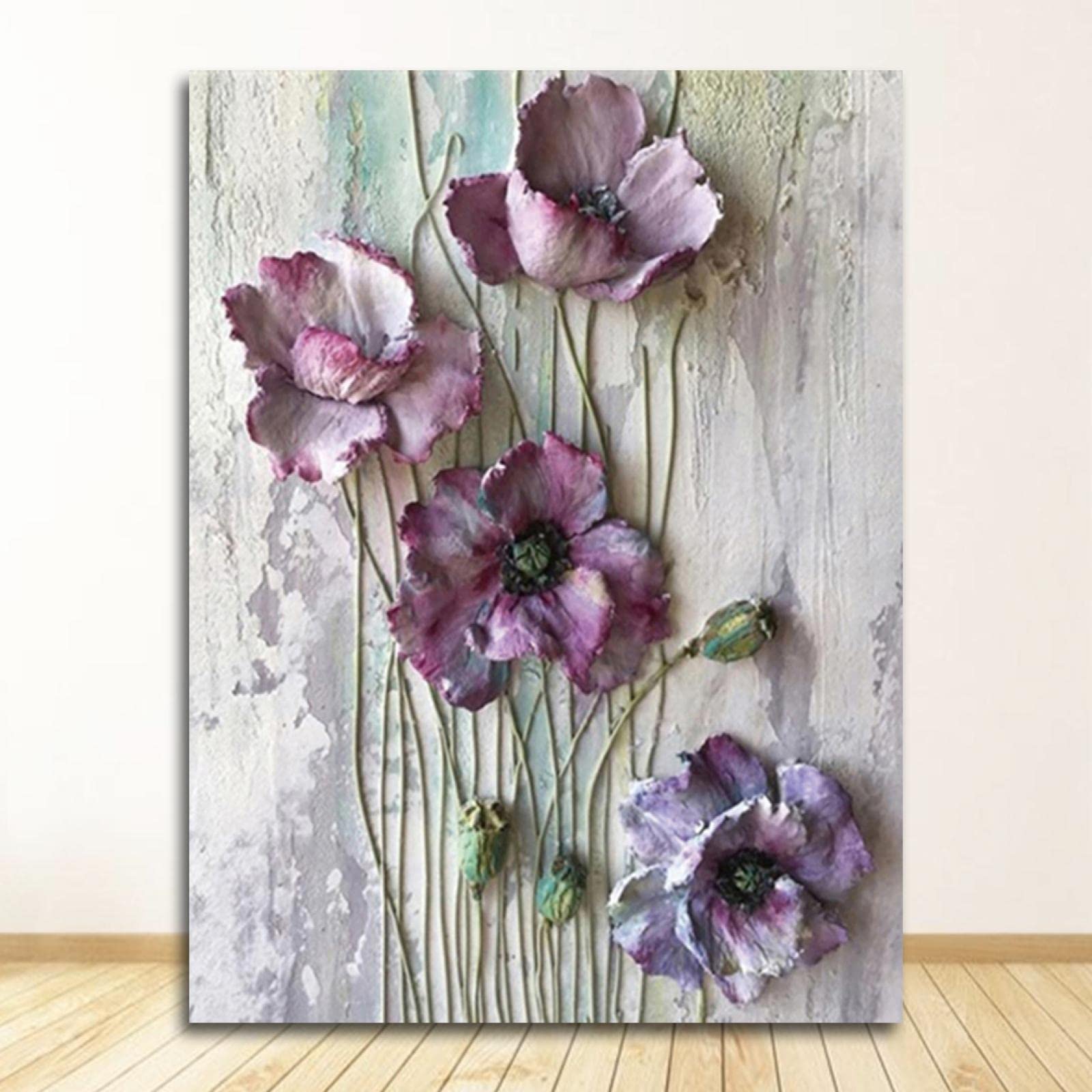 Oprawiony. Abstrakcyjny kwiatowy obraz na ścianę. Plakat z fioletowymi kwiatami. Ponadwymiarowa sztuka ścienna. Nowoczesne obrazy do dekoracji salonu. 60 x 90 cm (23,7 x 35,5 cala) oprawione
