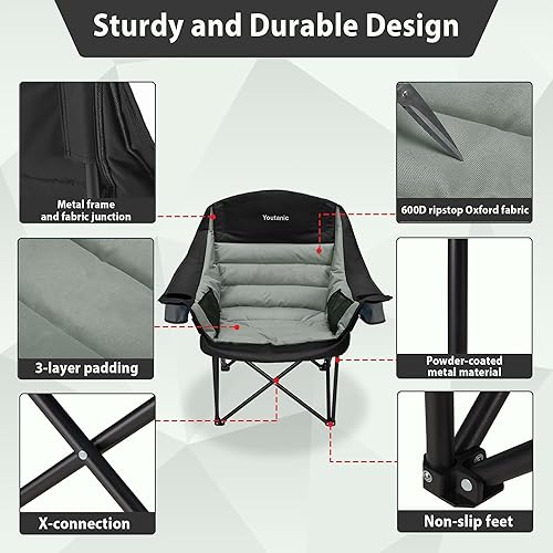 Miniatura 5 de Silla de campamento de gran tamaño, sillas de camping plegables portátiles con bolsillo lateral, portavasos y bolsa de transporte, sillas de