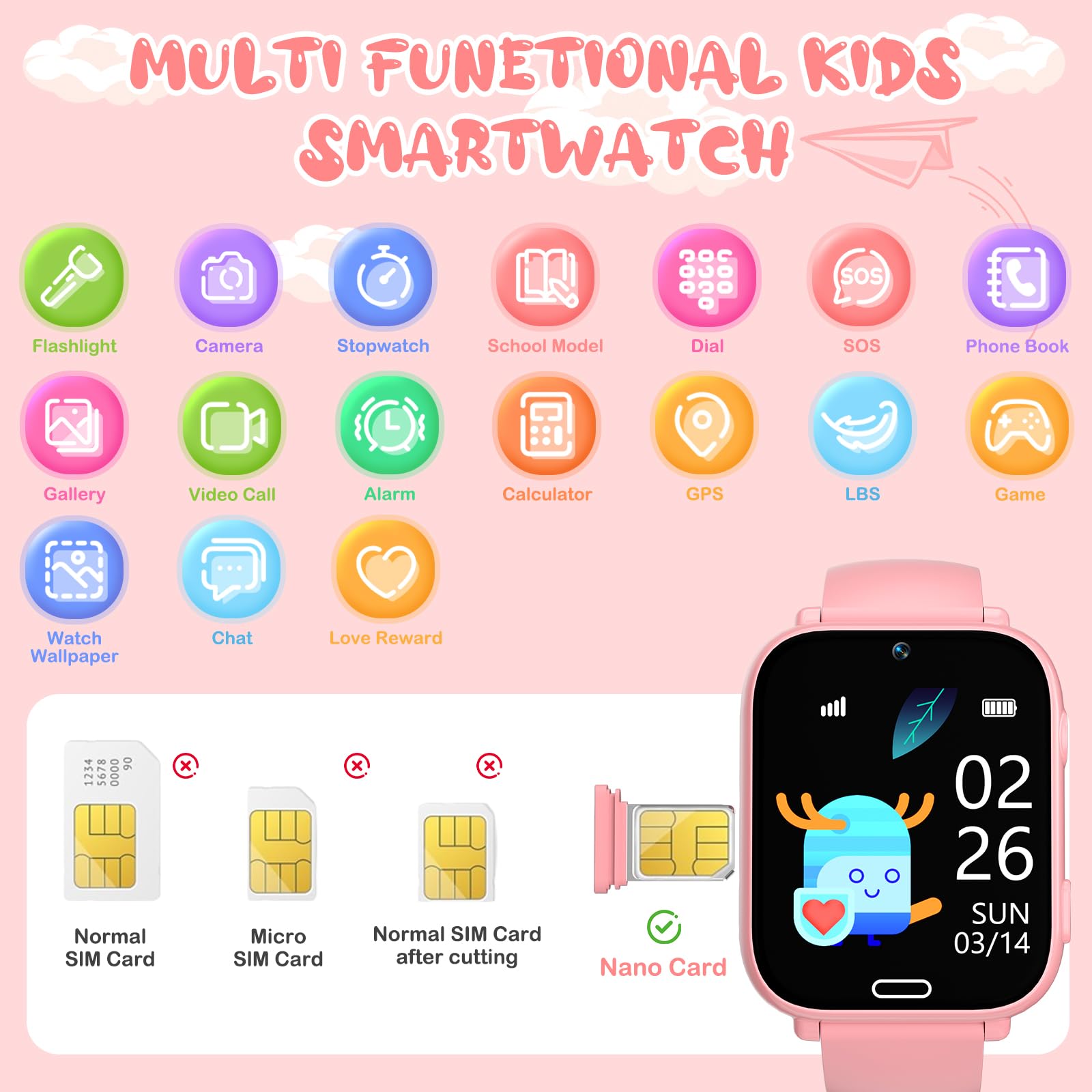 POFIBO Kids Smart Watch Boys Girls, 4G Kids GPS Tracker Watch with Phone, Video Calls, Voice Chat, SOS, Games, Alarm Clock, School Mode, Torch, Smart Watch for Boys Girls 4-16 Years — view 6