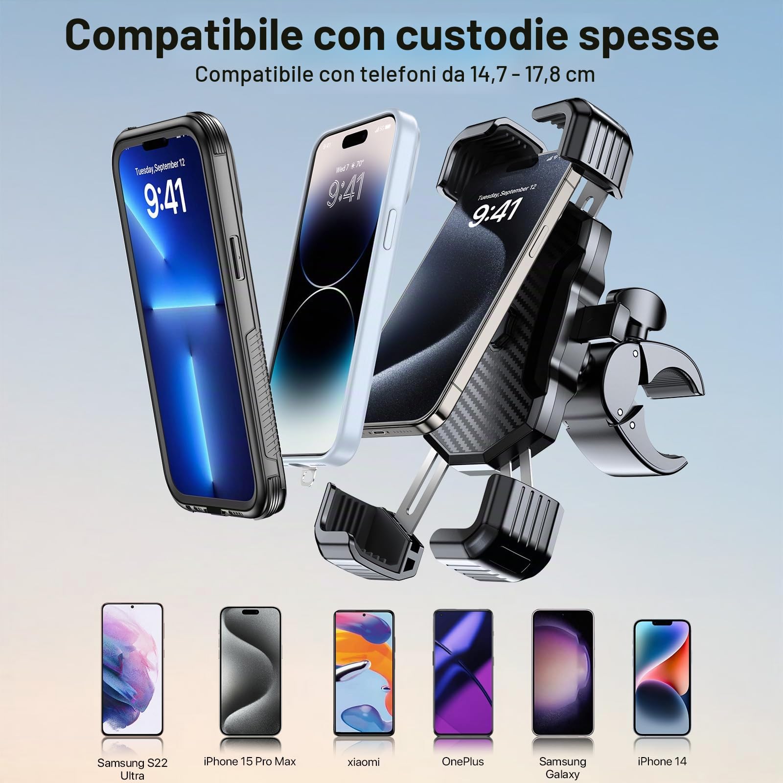 Miracase Supporto per cellulare universale per motorino, scooter, moto, compatibile con iPhone Pro 16/15/14 Pro Max e Samsung S25/S24/S23 Ultra