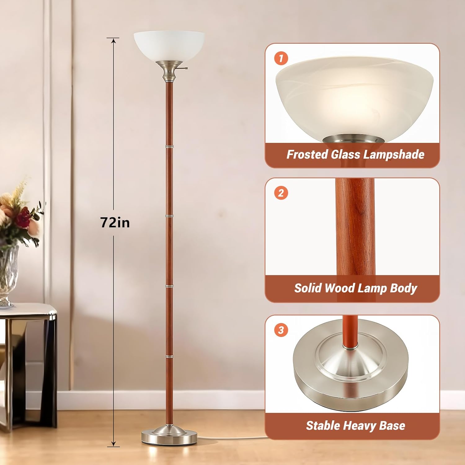 Wood Floor Lamp for Living Room - Brushed Nikel Torchiere Floor Lamps for Bedroom Standing Lamp with Glass Shade - Mid Century Modern Corner Tall Lamps for Home Office Nursery Reading Light