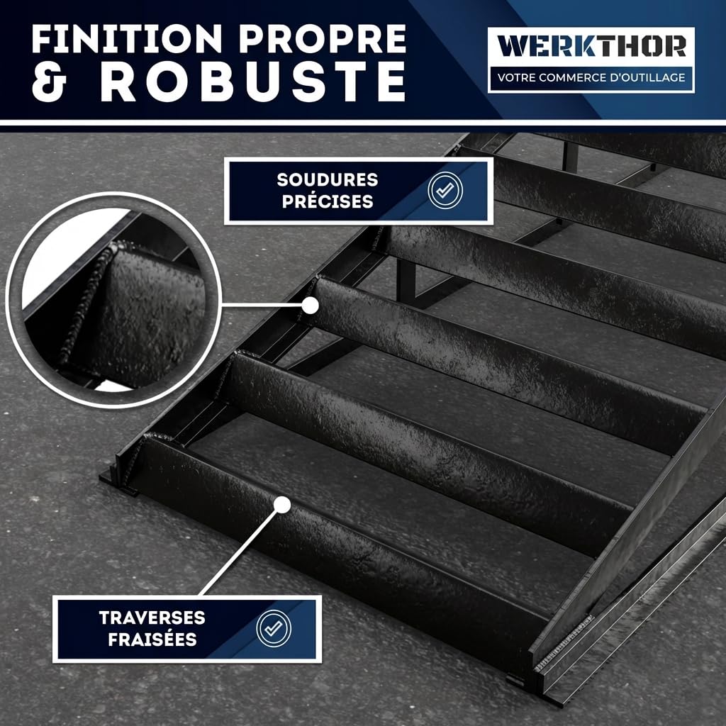 WERKTHOR [Lot de 2 Noir] Rampes d'Accès Métal Voiture, Rampe Voiture Levage Adhérence Maximale, Pont Mobile Voiture, Rampe Voiture Vidange Résistante Toutes Surfaces