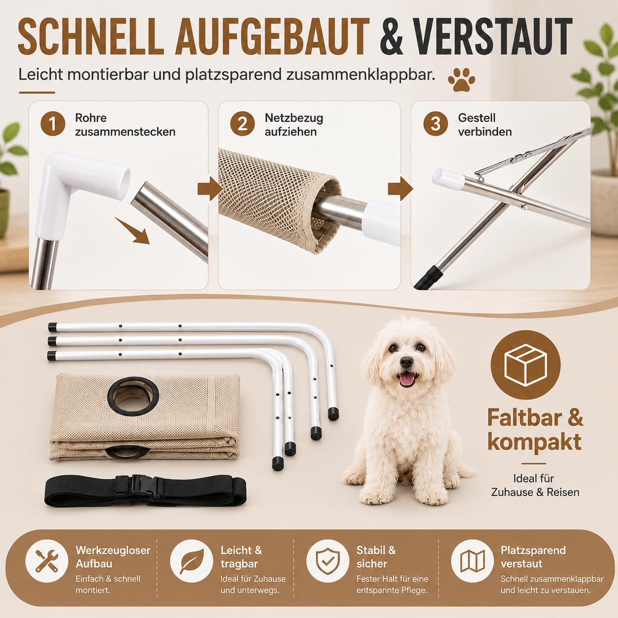 2027 Neuer Haustier-Duschhalter, 2-In-1-Hundepflege HäNgematte, PflegestäNder Hunde, Badehilfe für Hundehocker für Nagelschneiden, Ohrenreinigung Und TäGliche Pflege (Khaki+Rosa)