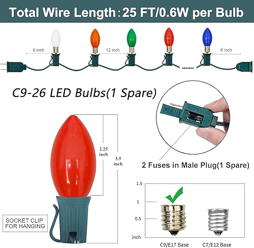 Miniatura 2 de SUNSGNE C9 - Luces LED de Navidad para exteriores, 25 pies, multicolor, con 27 bombillas LED de plástico de 0.6 W (2 de repuesto) para patio,