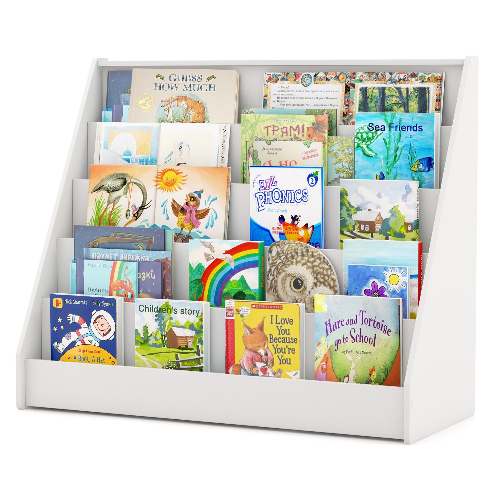 GYMAX Kids Bookcase, 5-Tier Children Bookshelf with Deep Compartments, Wooden Toddler Book Storage Rack for Kid's Room Nursery Kindergarten (White)