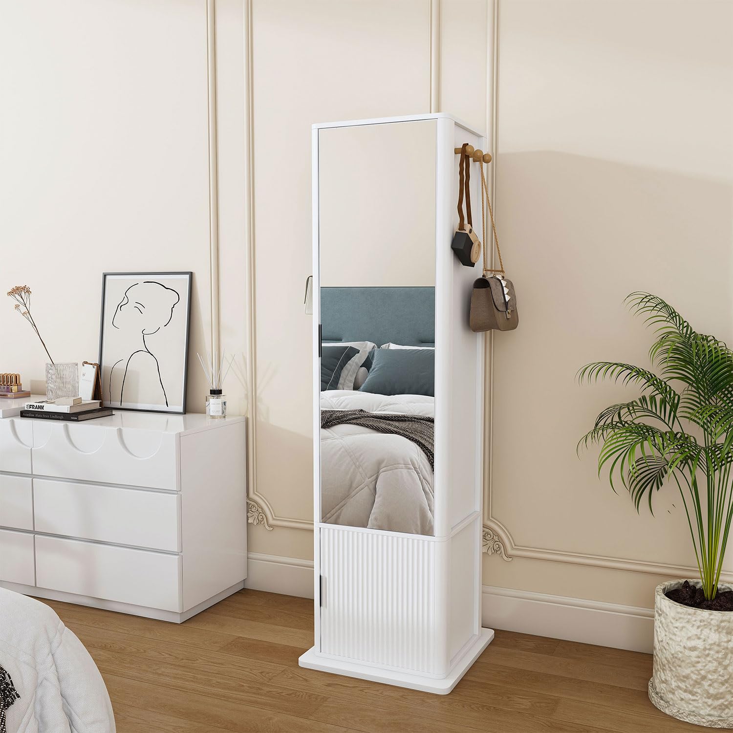 360° Rotating Jewelry Cabinet with Full-Length Mirror, Standing Jewelry Armoire Organizer with 4 Open Shelves, 2 Built-In Shelves, Coat Rack &amp; Storage Drawers, 4-in-1 Makeup Cabinet, 66.5" H,White