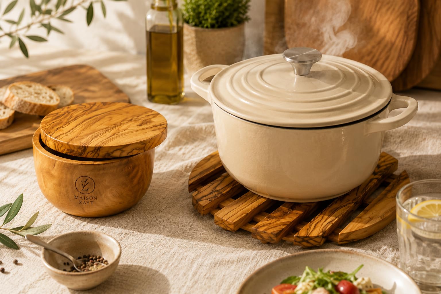 Set Cadeau Cuisine Bois d'Olivier - Pot à Épices Couvercle Magnétique Pivotant + Dessous de Plat Ajouré Rond - Artisanat Tunisien - Idée Cadeau Femme Homme Cuisine