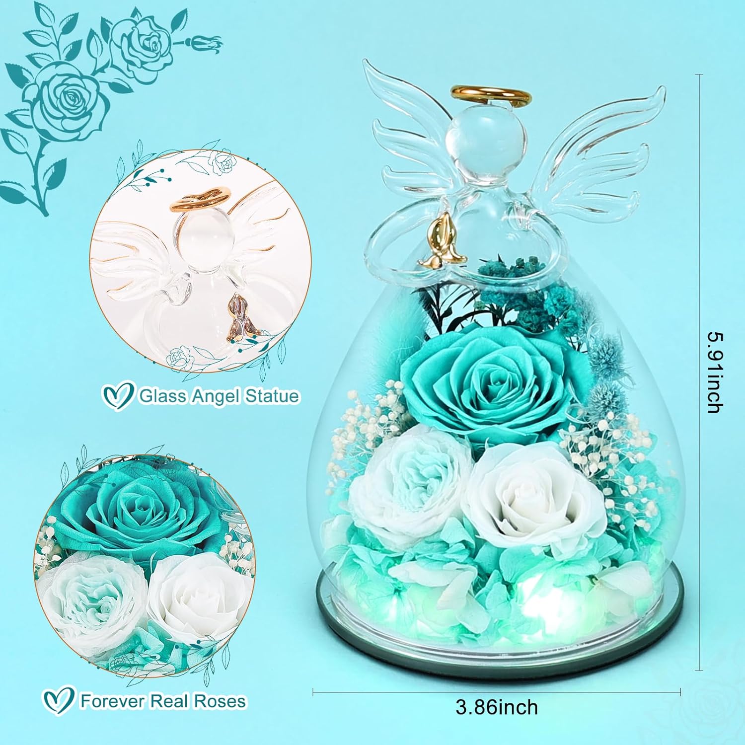 FIACO Gifts for Women Birthday Preserved Rose Forever Flower in Glass Angel Figurines Fresh Flowers for Delivery Prime for Mom Real Roses for Grandma Sister Wife Her from Daughter - Image 2