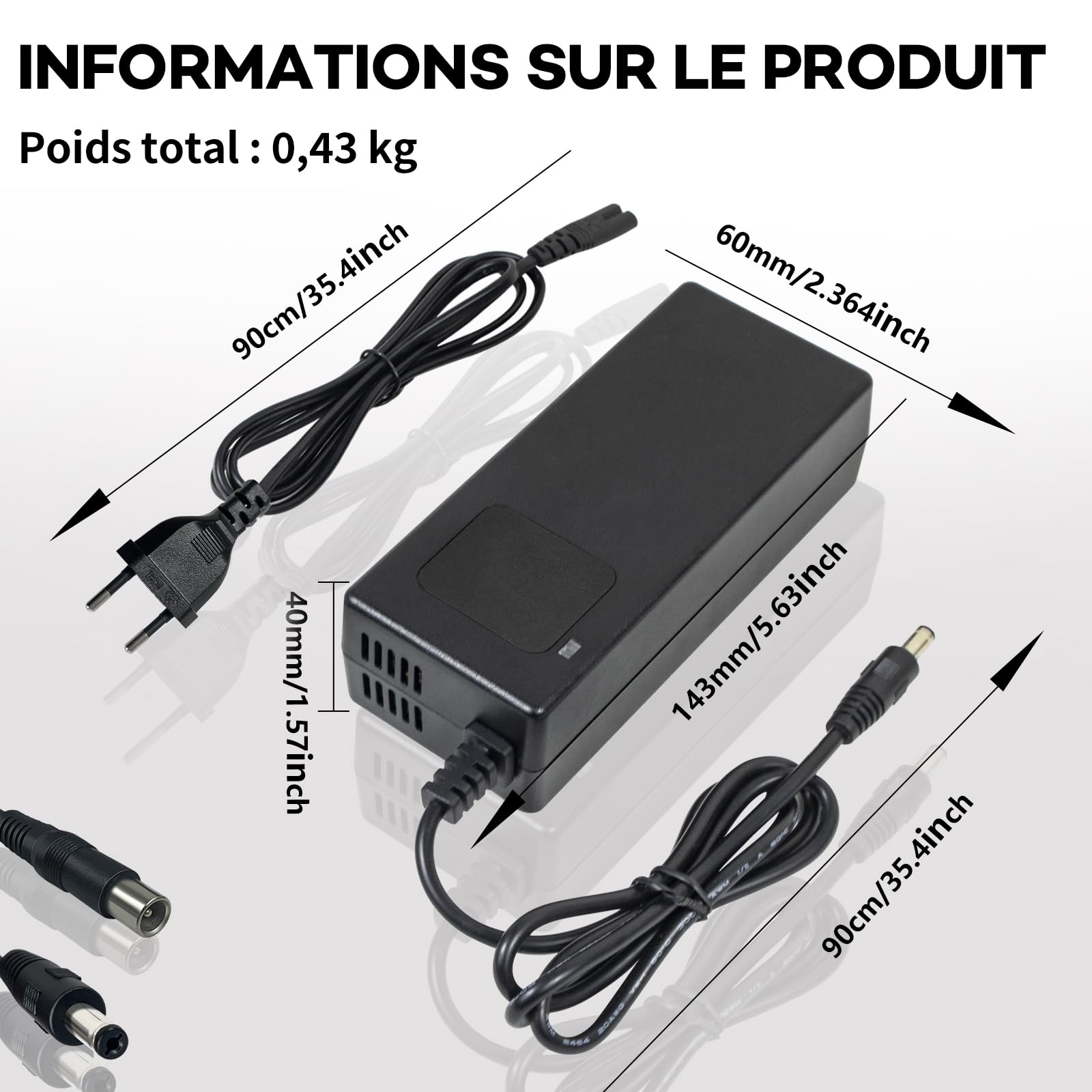 Chargeur Batterie 54.6V 2A, pour Batterie Lithium 48V, avec Affichage LED et Multiples Fonctions de Protection et de réparation, équipé de connecteurs RCA 8mm, DC 5.5 * 2.1mm