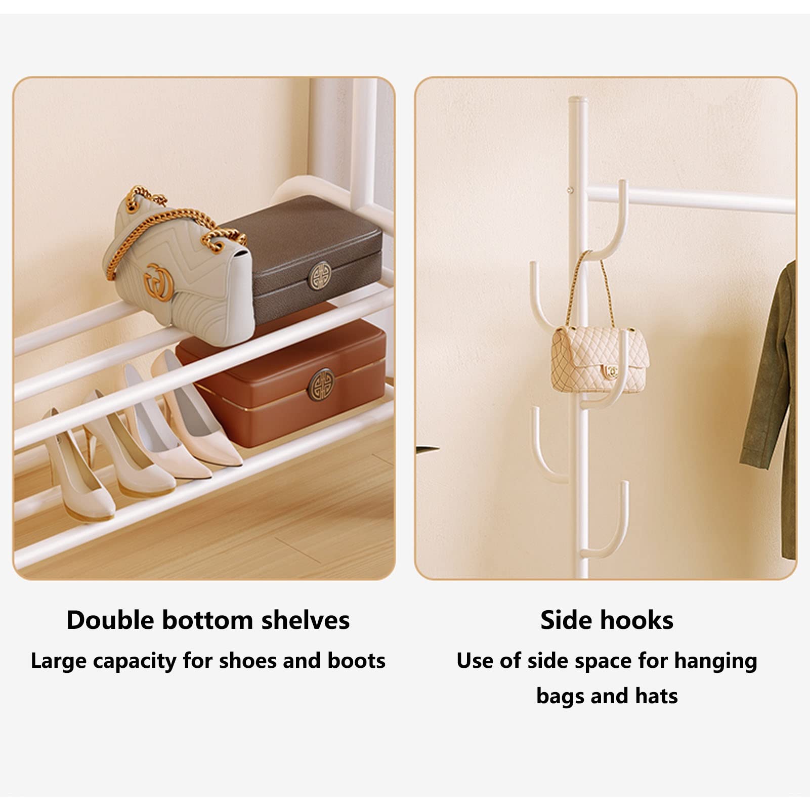 Árbol Hall con ganchos Rieles ropa de metal resistente Independiente Perchero Carrito de ropa móvil multifuncional Con estantes de almacenamiento inferiores de 2 niveles Para dormitorio ( Color : Gree